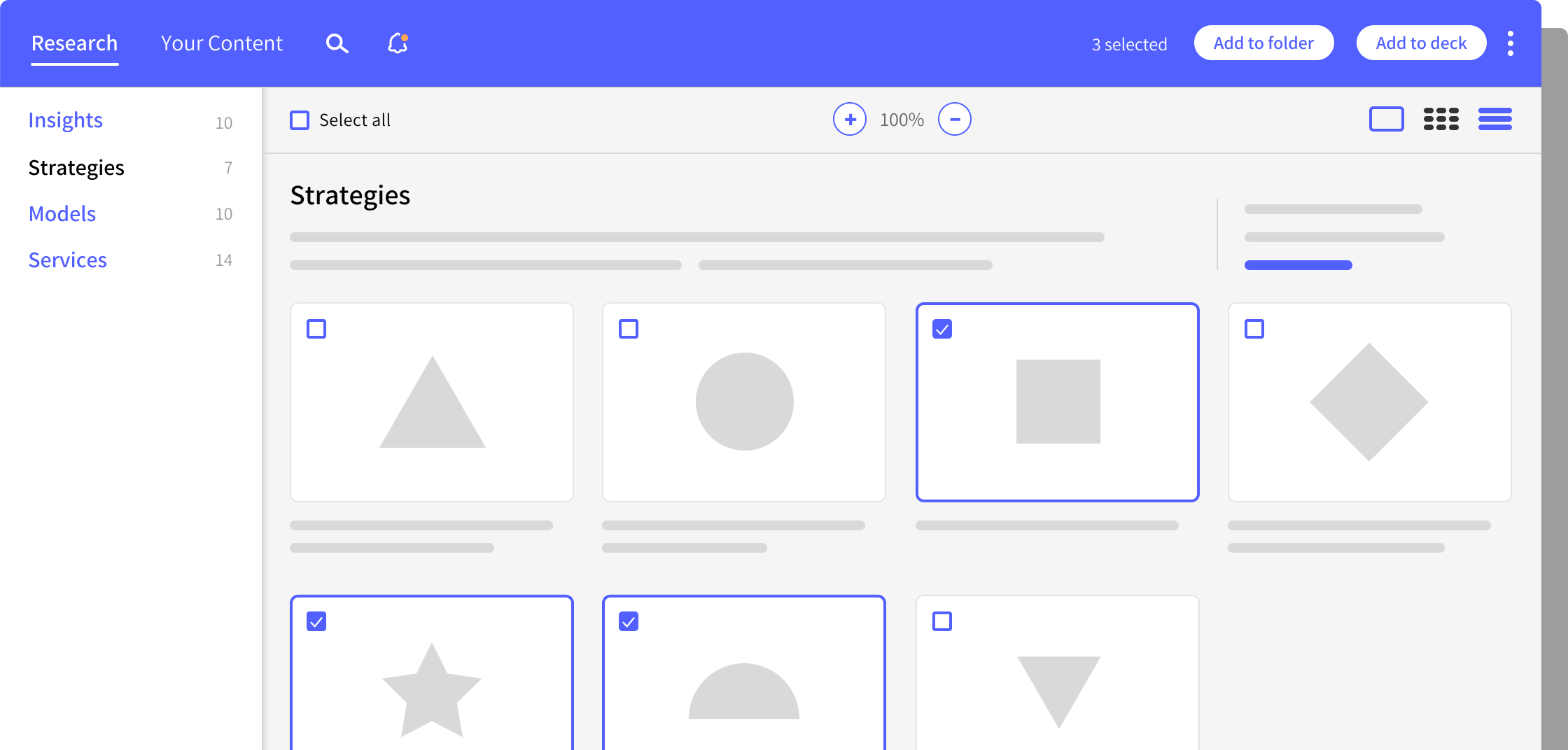 UI displaying slides in a thumbnail view that user may select