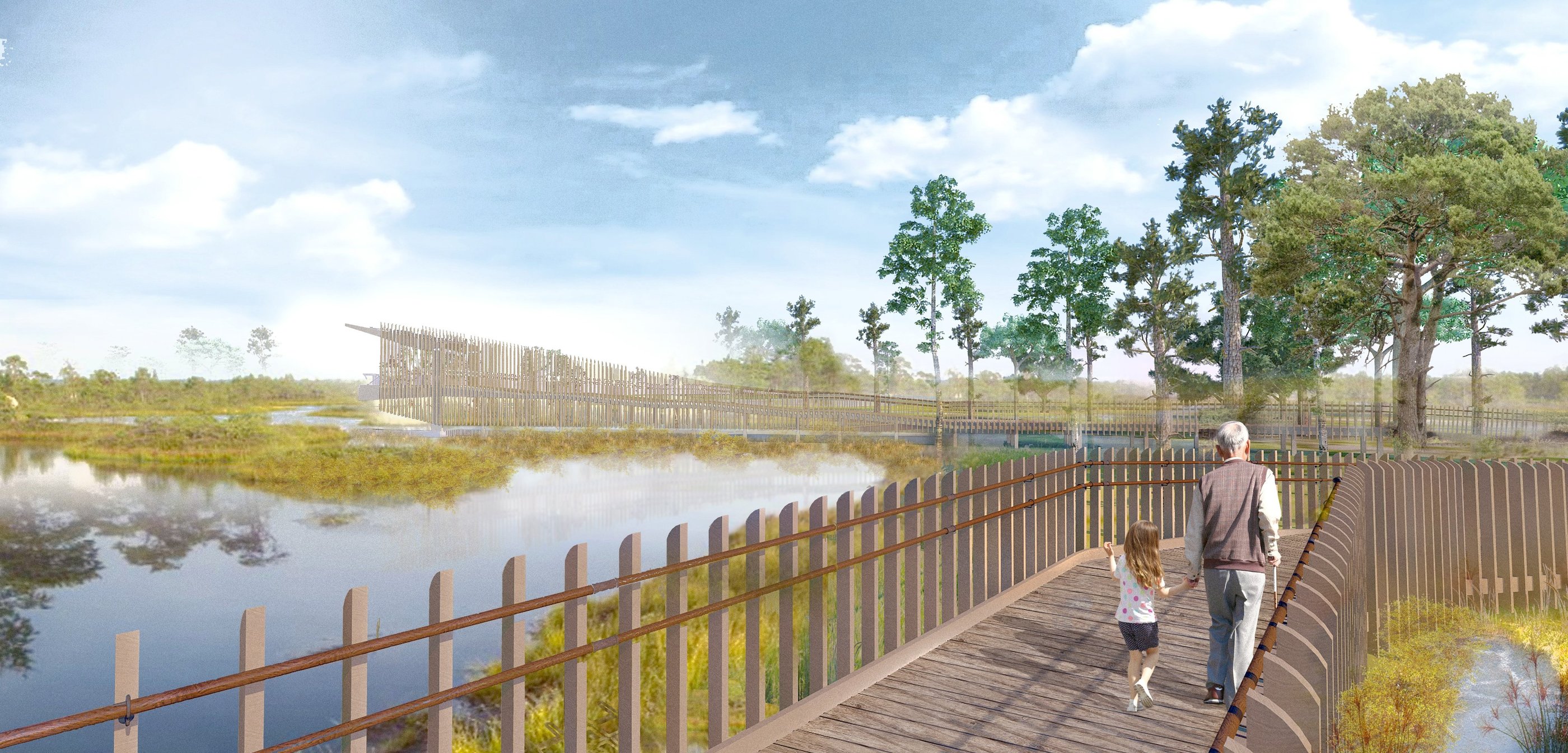 A rendering of wooden boardwalk over a bog