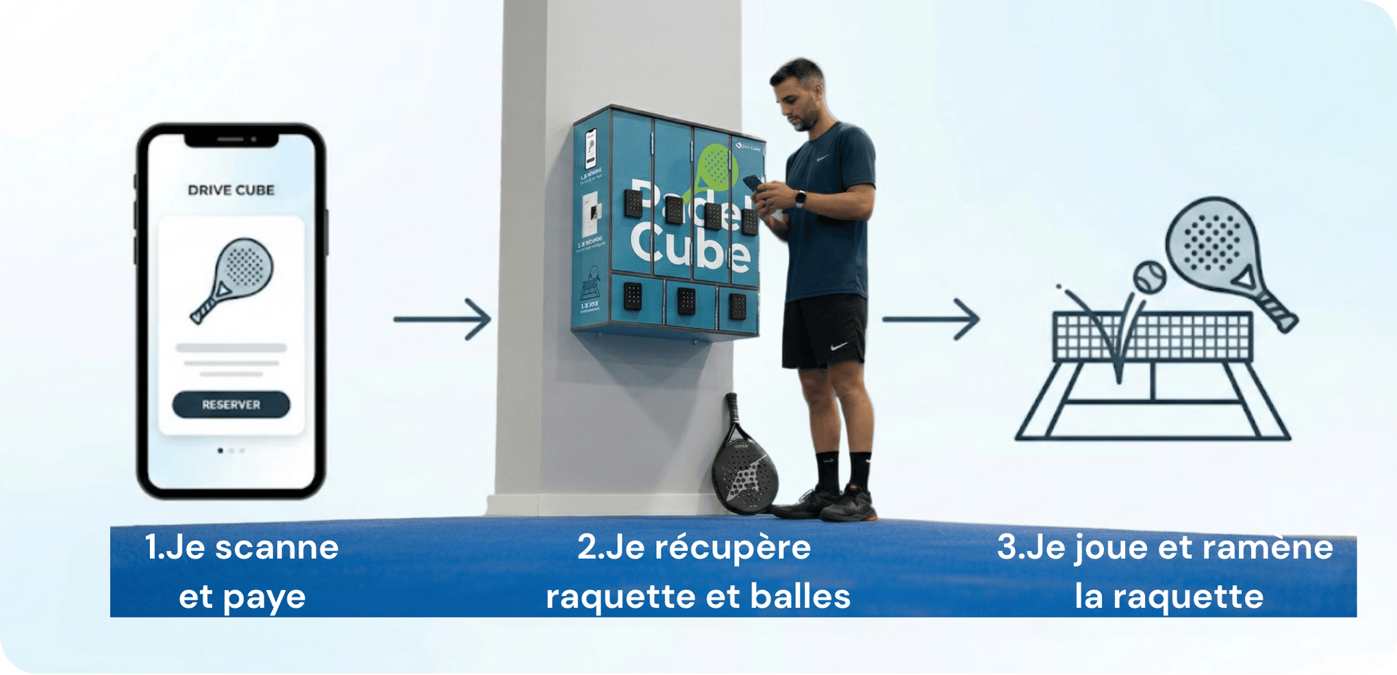 A man uses the Padel Cube rental locker system via a mobile app to pick up padel equipment.