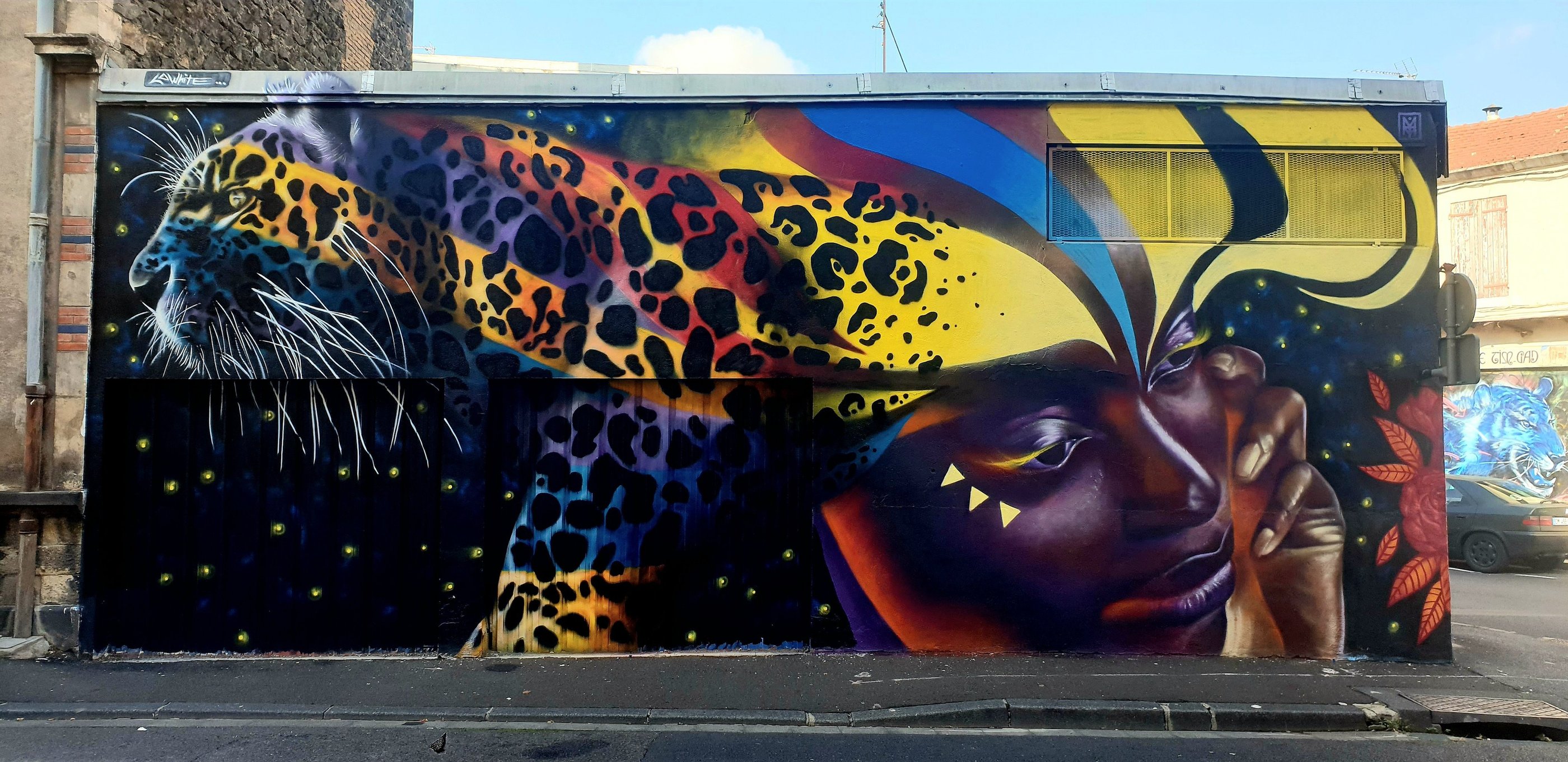 une fresque street art avec un jaguar et une tête de femme