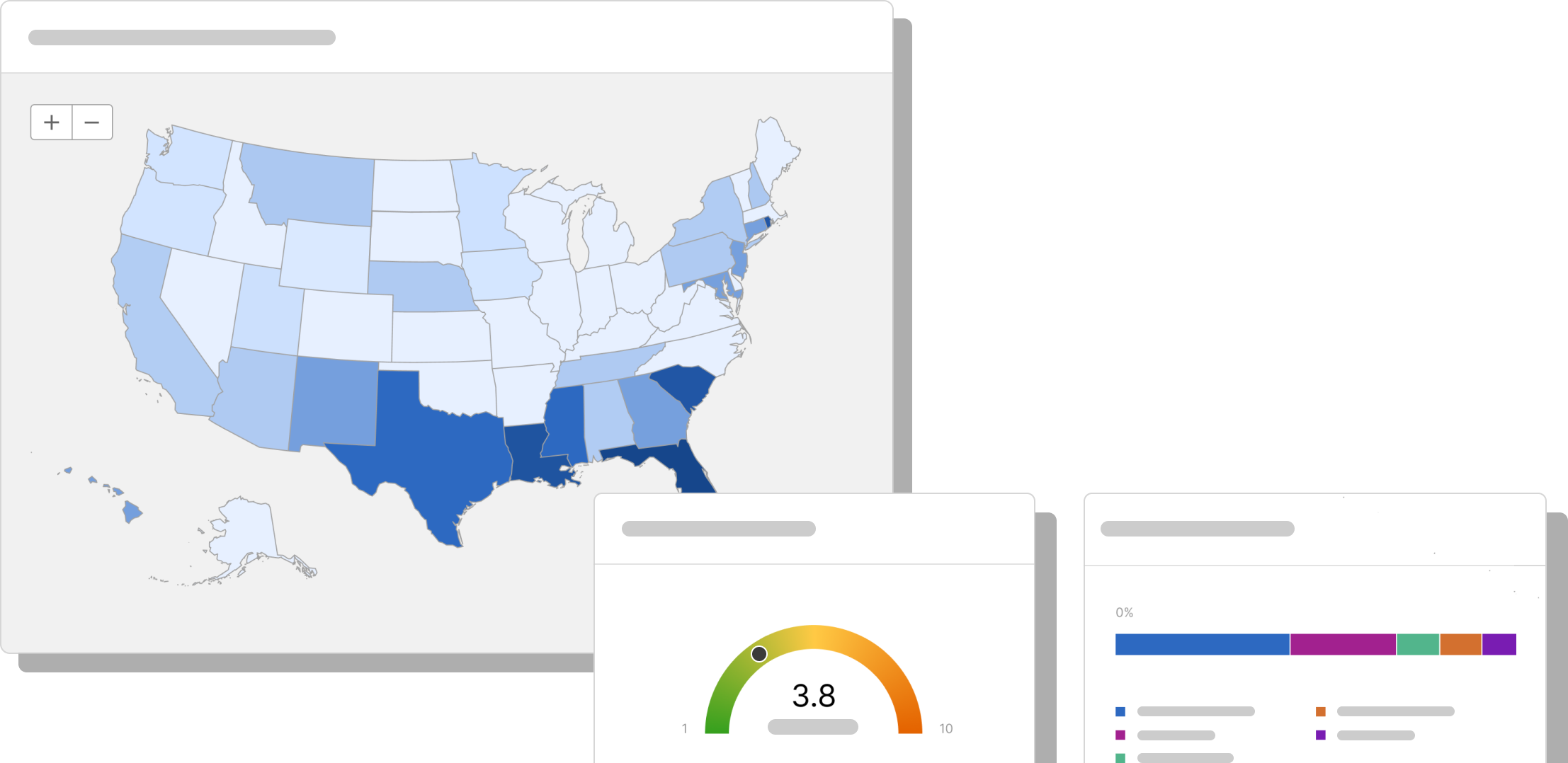 Data visualizations: a heat map, a dial displaying cool to hot colors