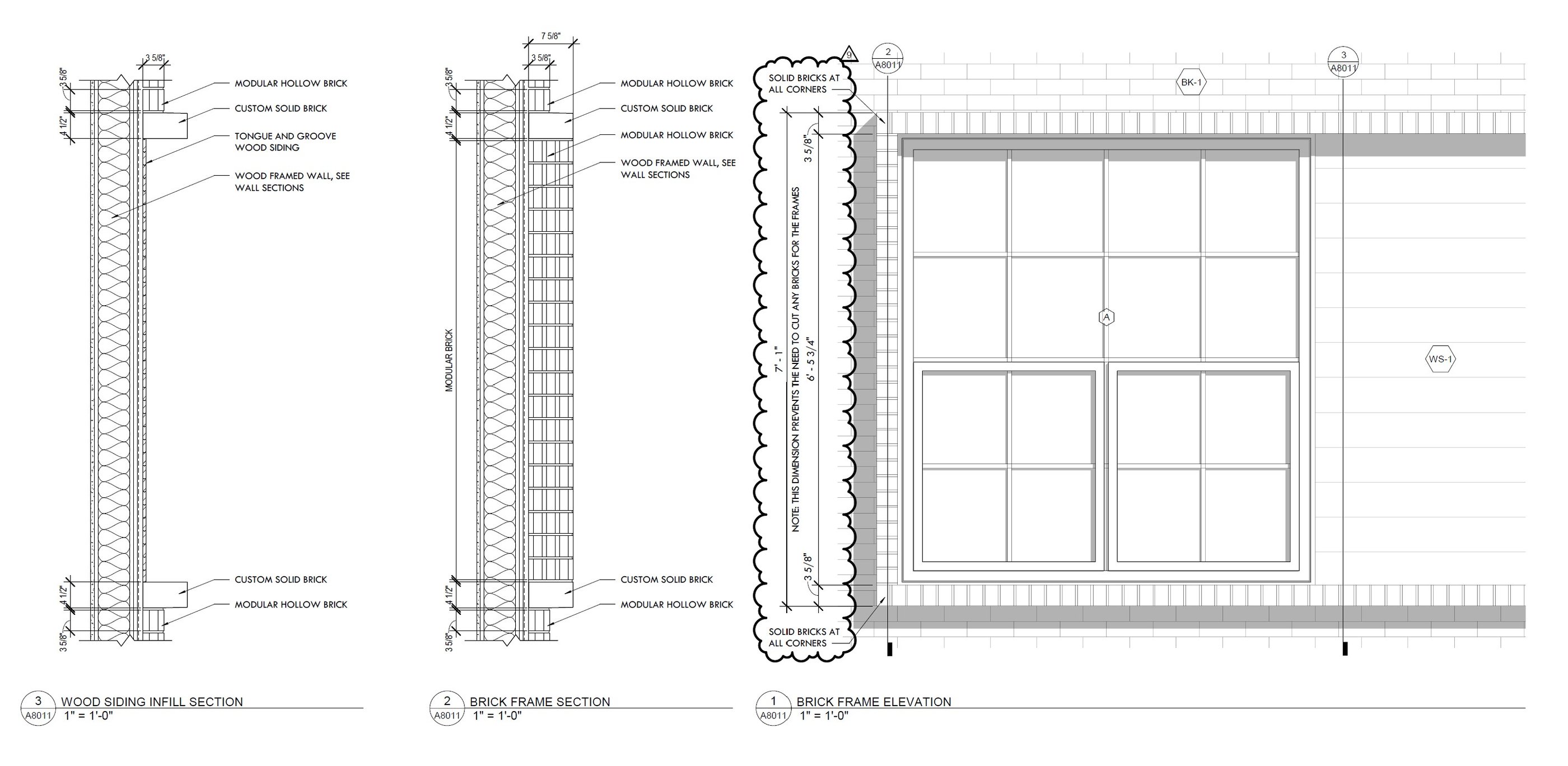 A construction detail drawing of a brick framed window