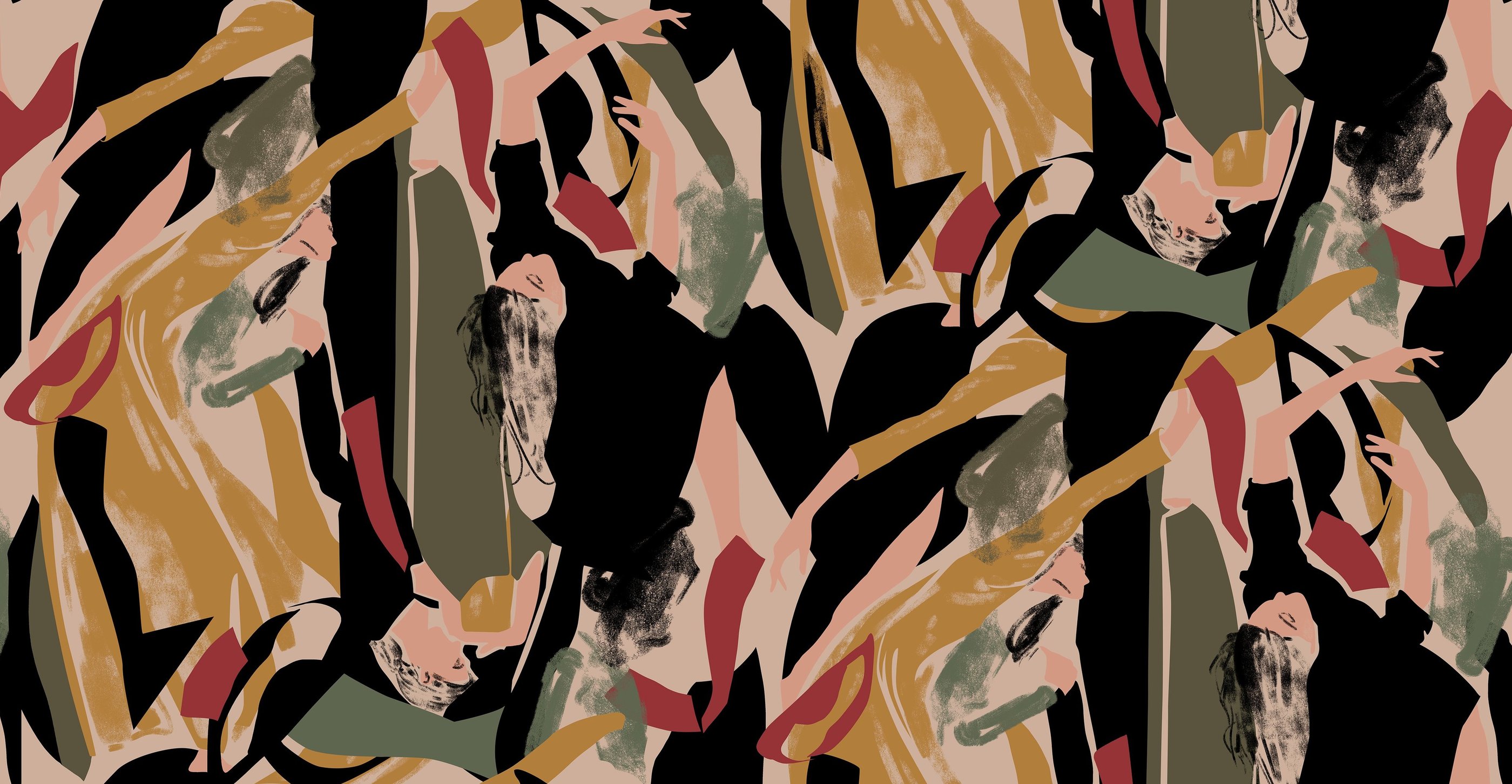 Estampa digital abstrata figurativa de mulheres dançando, inspirada na artista Pina Bausch