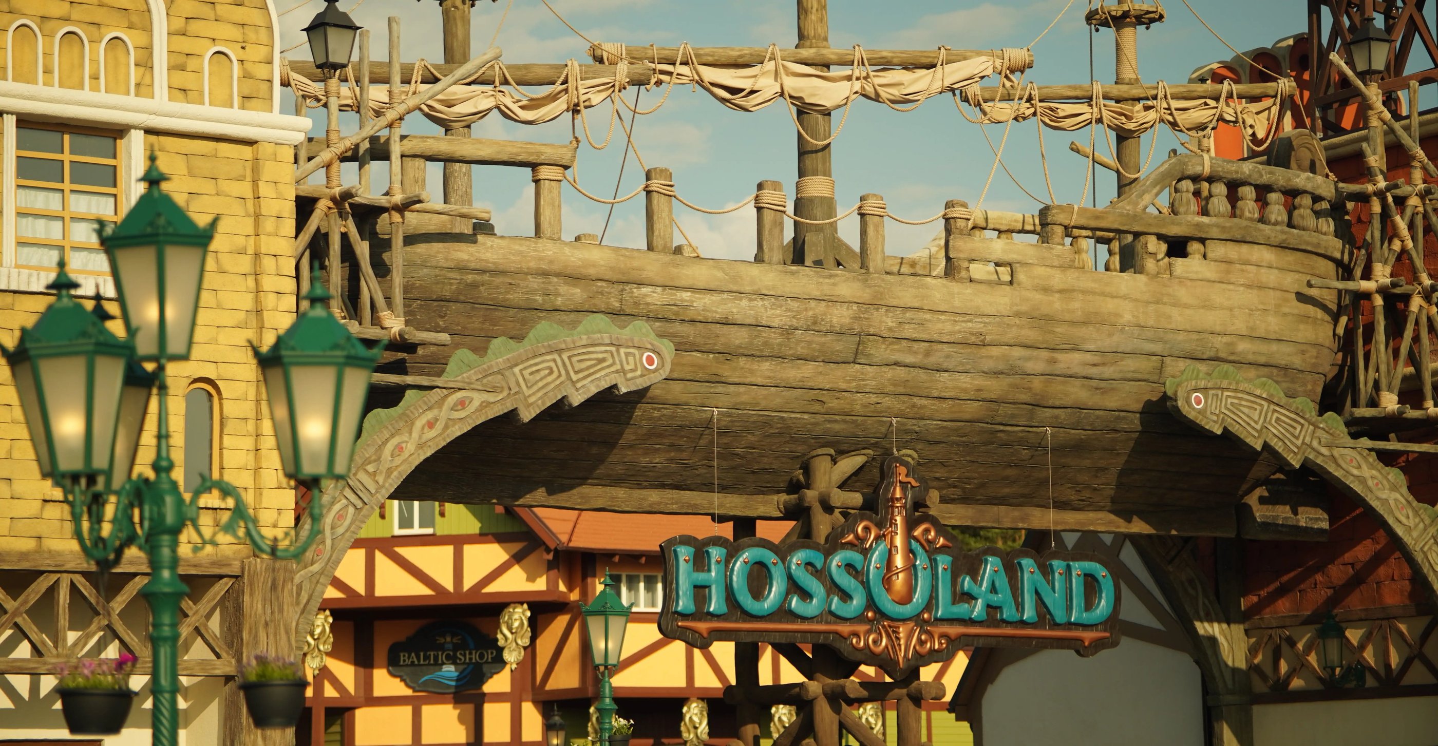 Hossoland main entrance with giant themed ship and ticket gate built by Artisan Aleks Company.