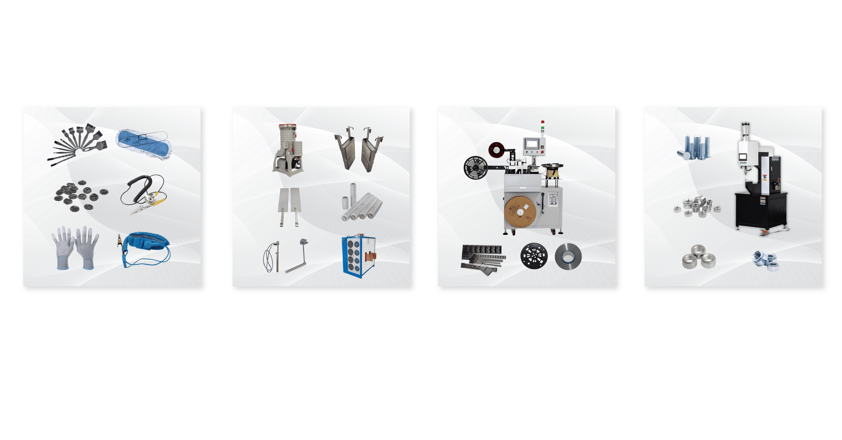 Product สำหรับป้องกันไฟฟ้าสถิต อุปกรณ์และวัสดุสำหรับงานเตรีมผิว เครื่องบรรจุชินงานเทป เครื่องตอกหมุด