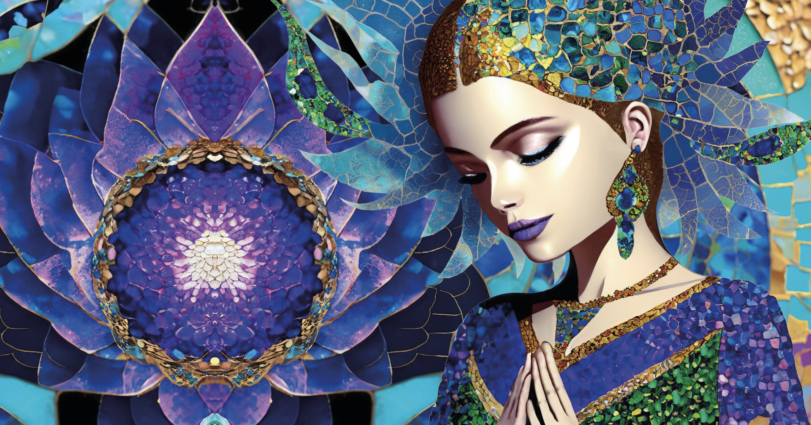 Lady praying, mosaic, blues, purples, golds and greens.