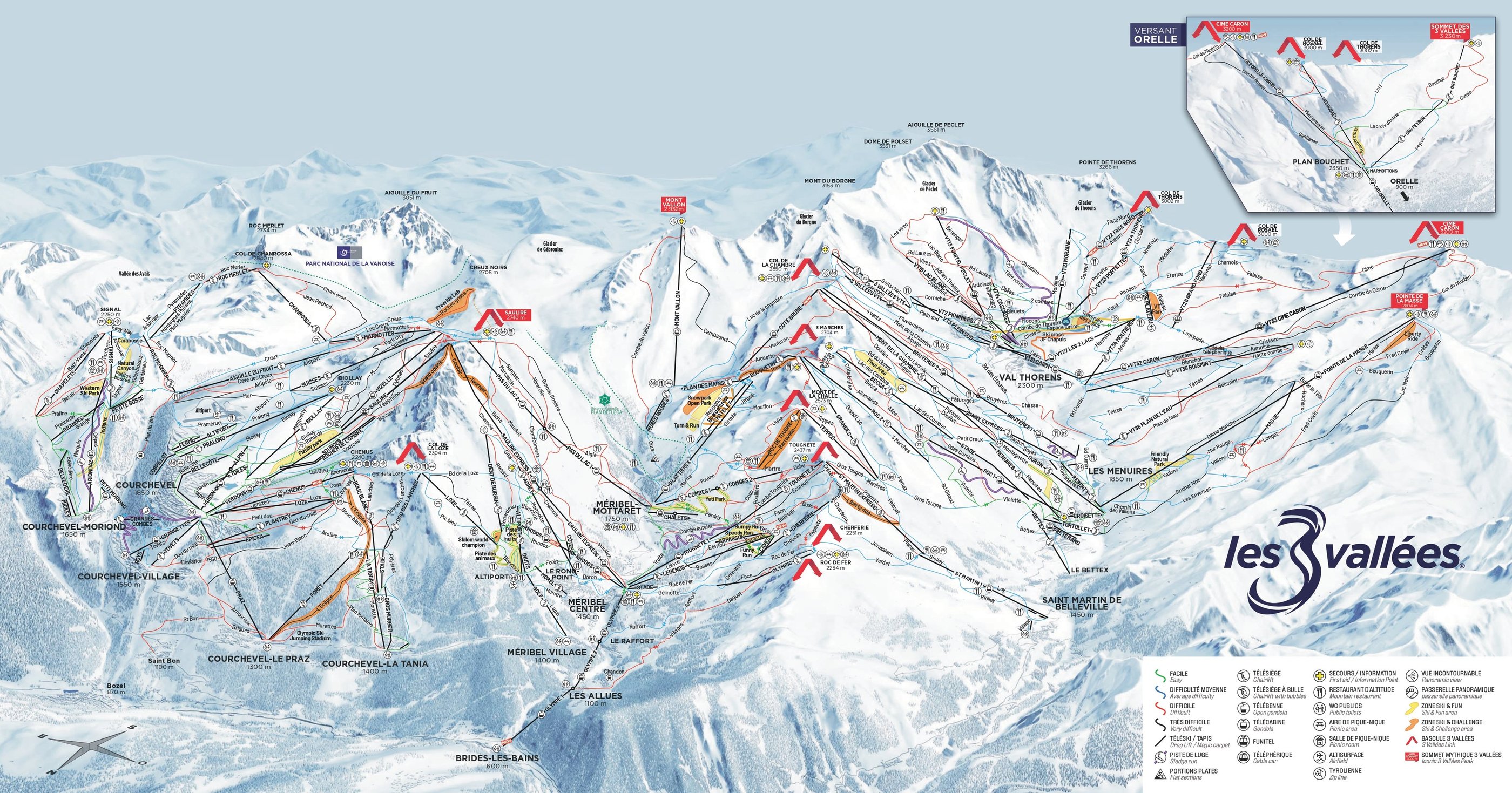 3 Valleys ski area map showing Val Thorens and connected ski resorts in the French Alps