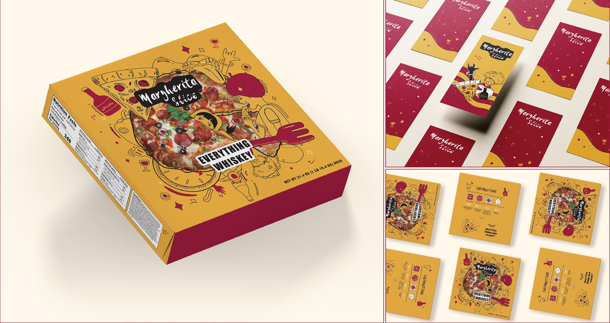 branded Margherita Slice pizza box and marketing materials featuring yellow and red graphic design.