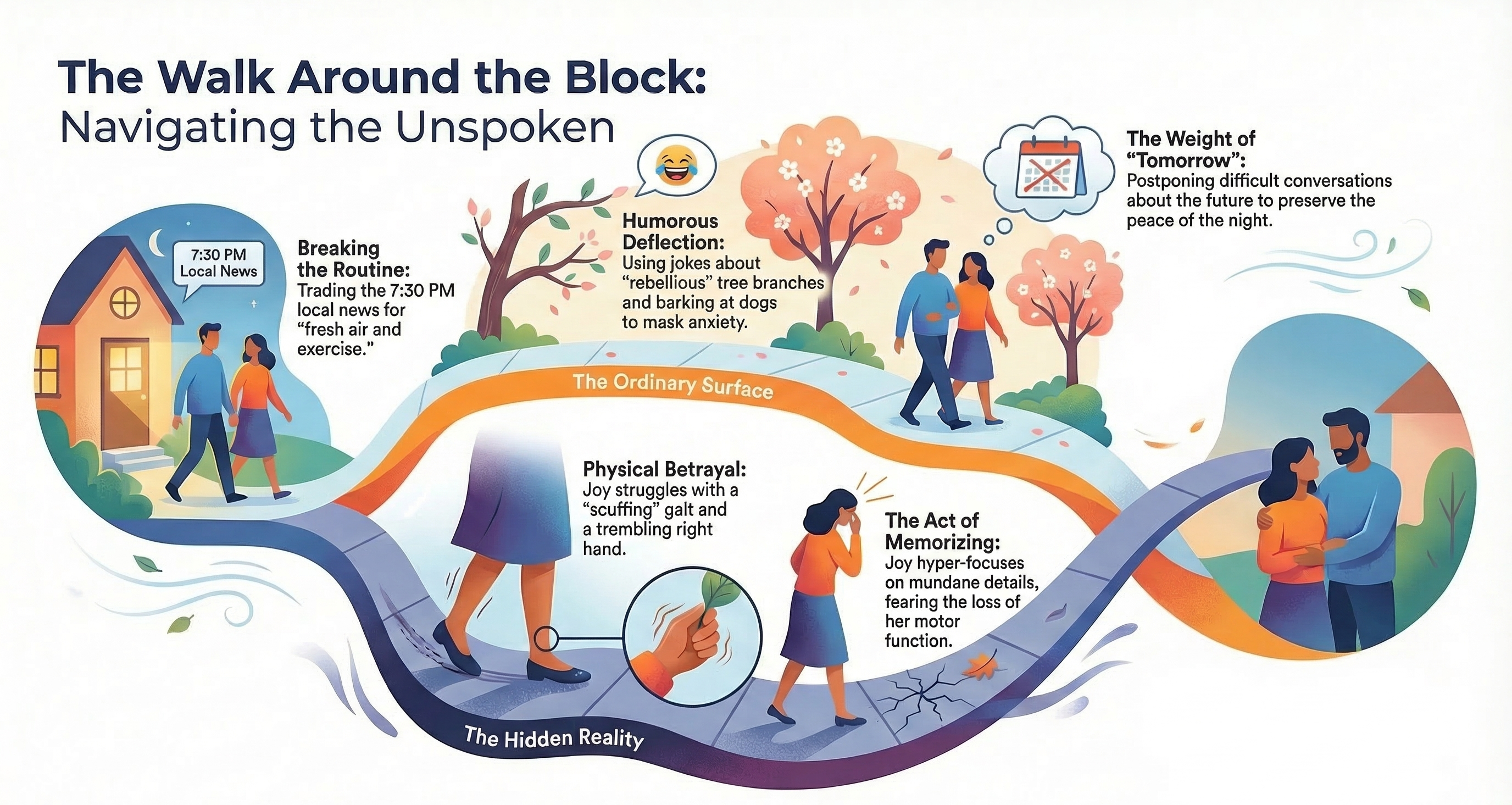 Infographic showing a scene from a Parkinson's novel, sharing the emotional and physical challenges.