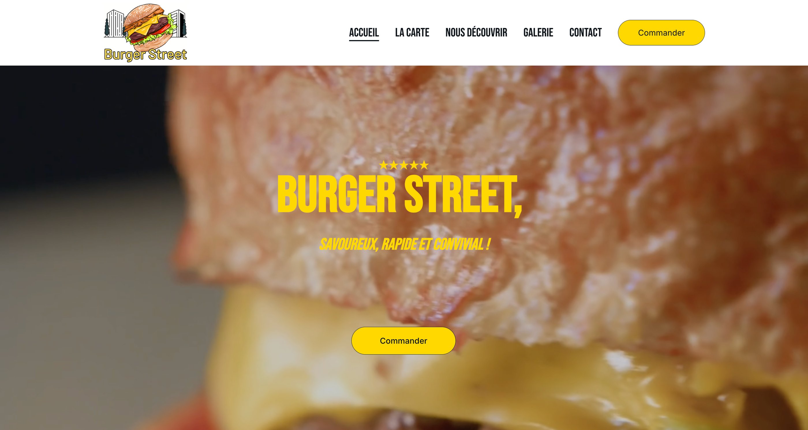 La page d'accueil du site web de Burger Street présente un burger avec un bouton "commander"