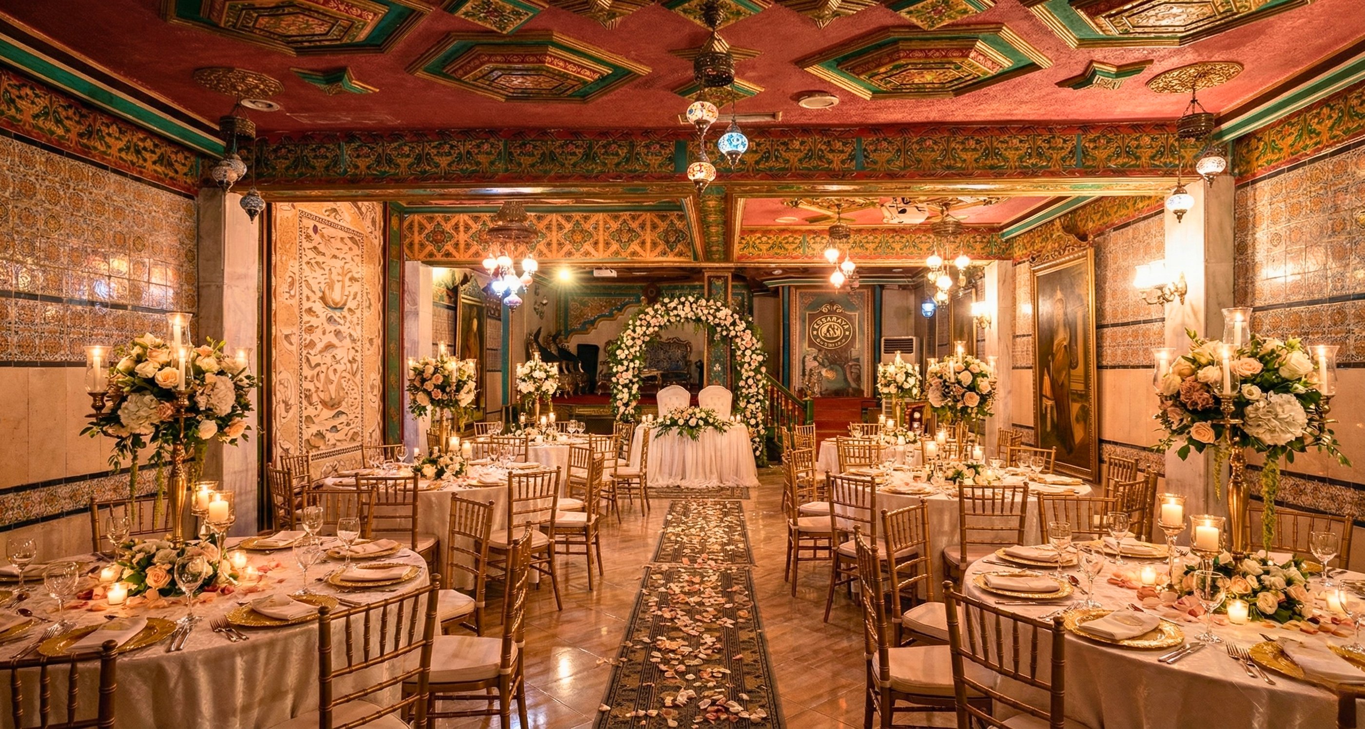 Décoration florale et mise en place romantique dans notre salle des fêtes luxe Tunis pour un mariage