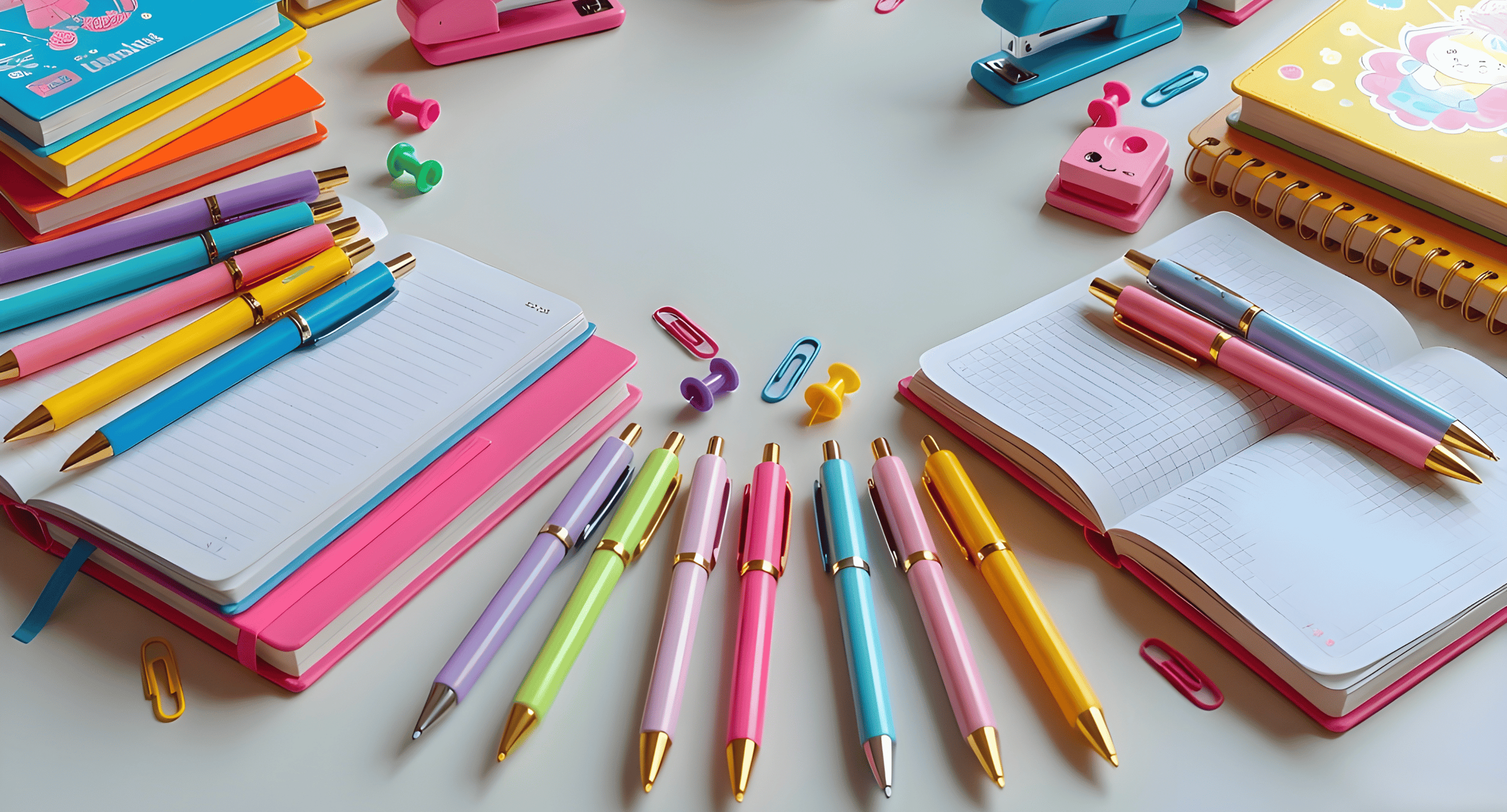 Wide-angle flat lay of colorful notebooks, staplers, and vibrant pens on a clean desk for the VYAL FINDS homepage
