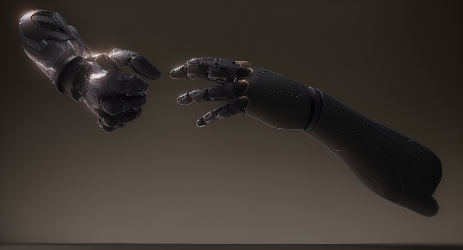 Two futuristic prosthetic arms reaching out in a dramatic pose.