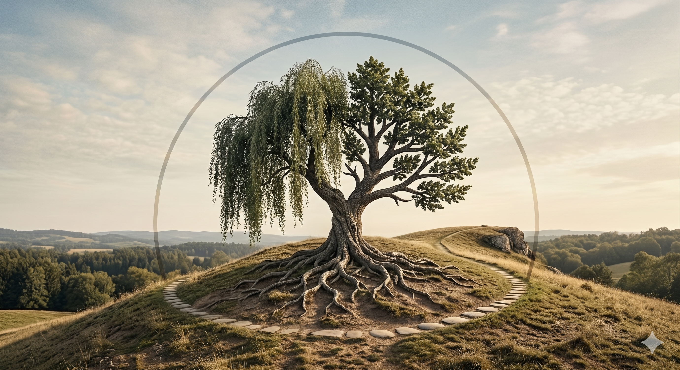 Surreal landscape featuring a dual-species tree inside a stone circle on a grassy hill.