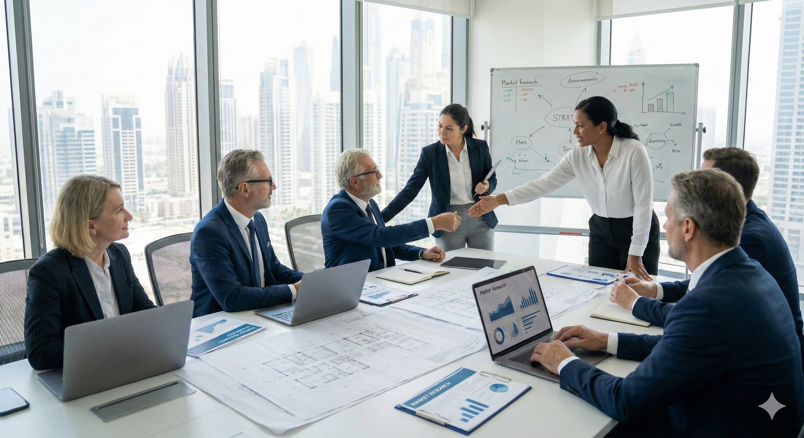 Team of senior consultants collaborating on a strategic blueprint in a modern UAE office