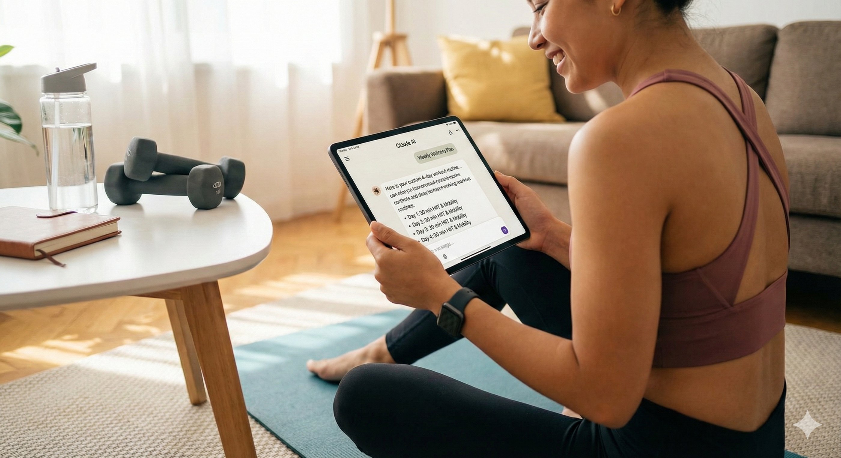 Automated climate lighting control via AI: woman uses smart tablet manage home environment for max comfort energy efficiency.