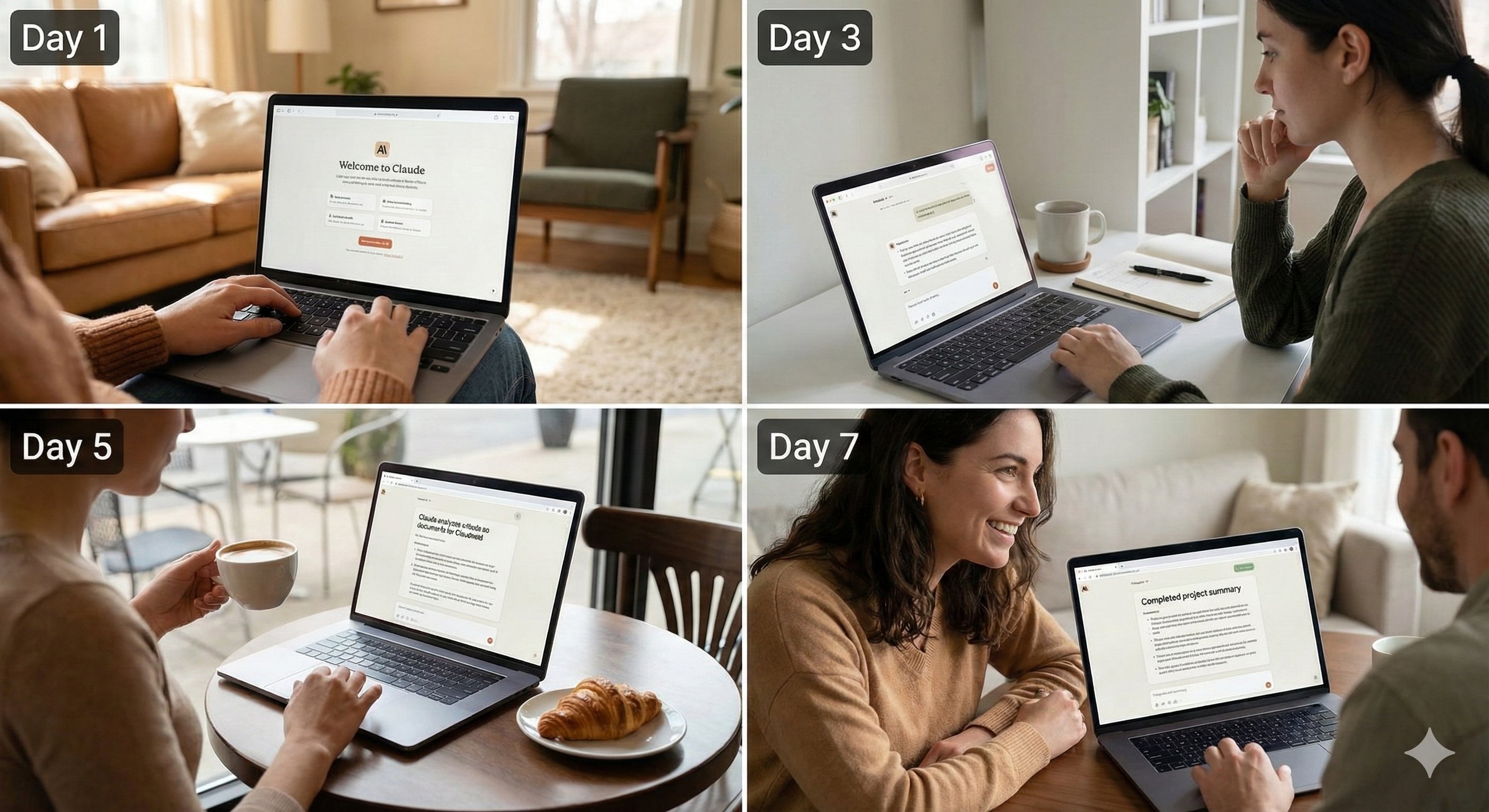 7 day Claude AI Challenge:4 scenes showing the AI's project management help Day 1 welcome to Day 7 summary various locations.