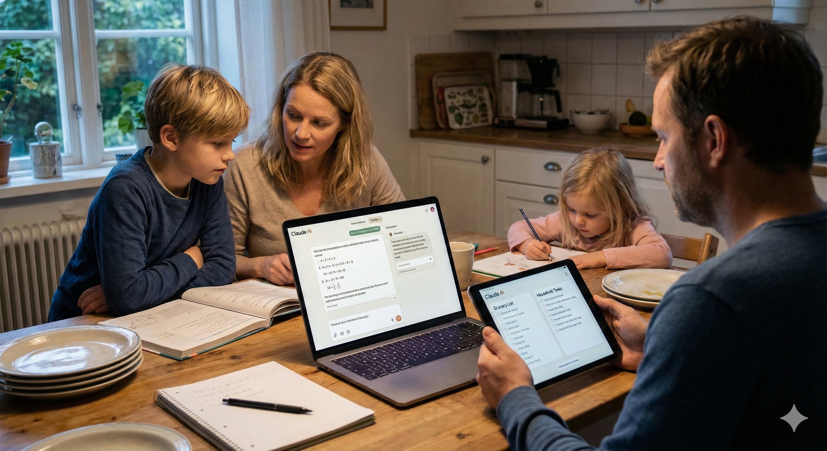 AI for daily life: Family uses Claude AI on laptop to solve math problems organize household chores together table.
