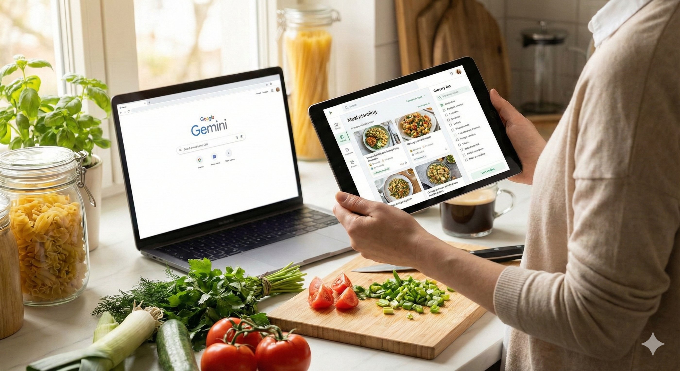 Person using Google Gemini on a tablet for AI meal planning while preparing fresh vegetables in a kitchen.
