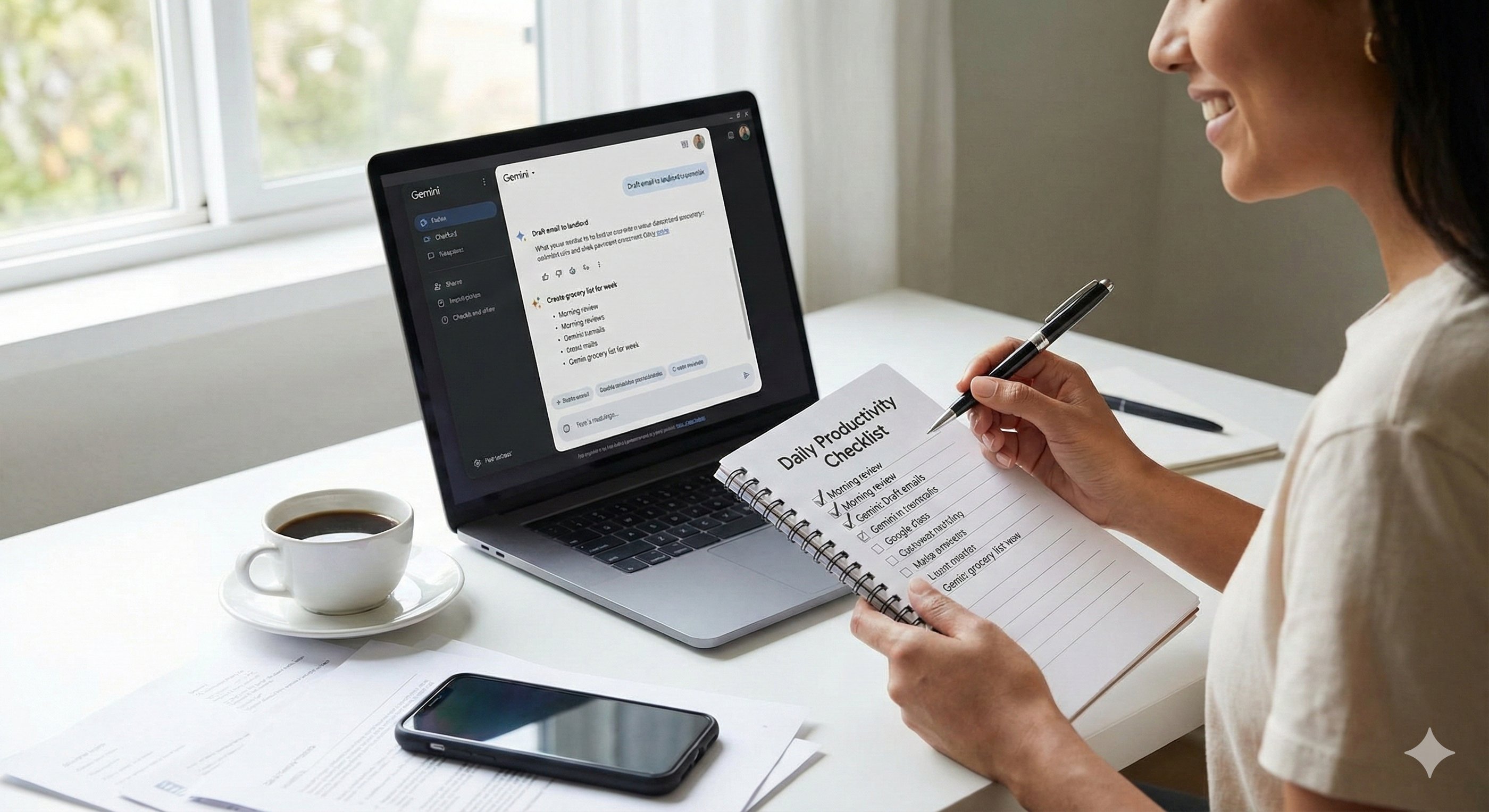 Smiling woman marking a task complete in her daily planner notebook while working on laptop in a bright home office setting.