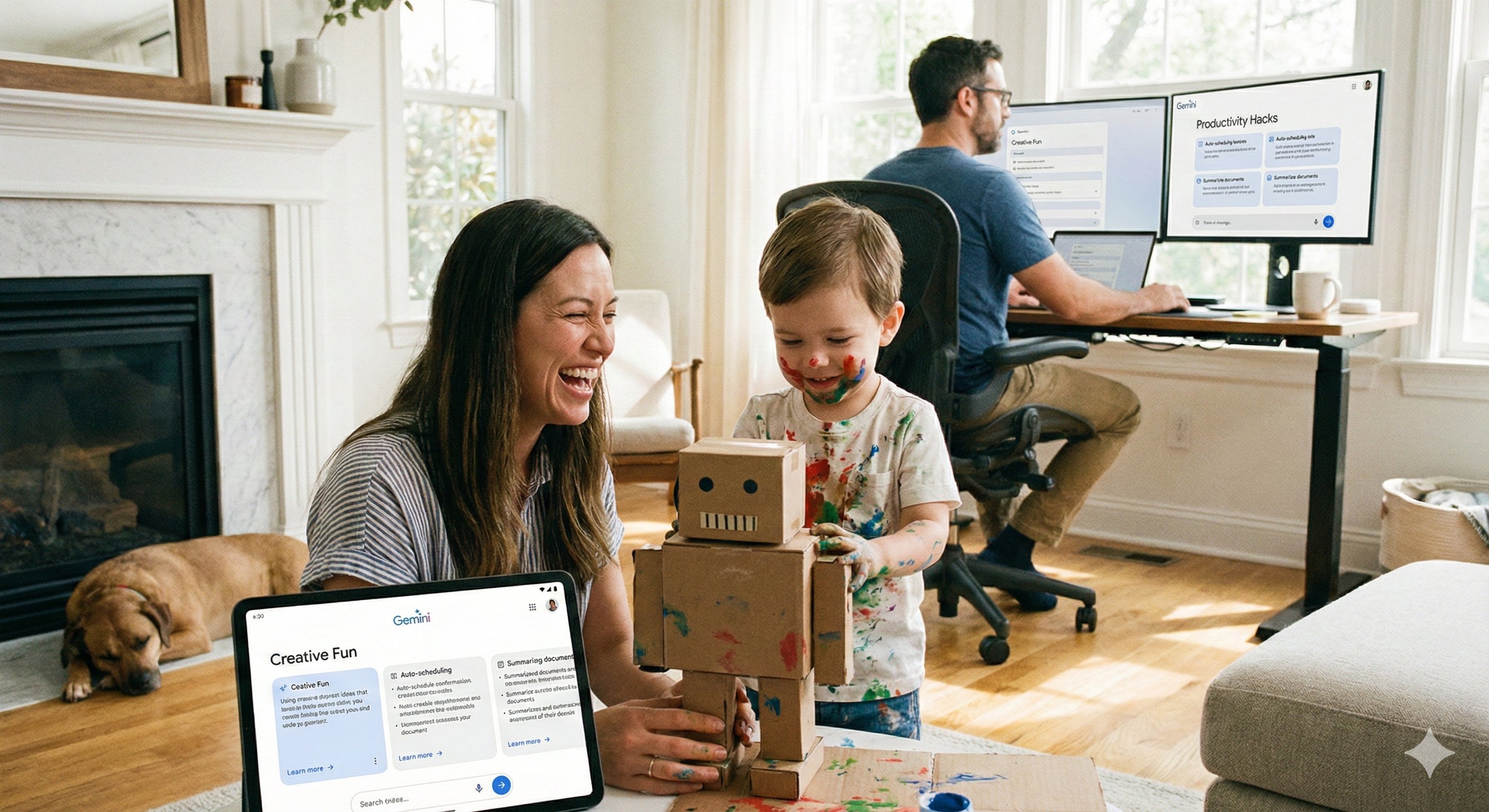 A realistic scene of a family using Google Gemini 3 on a tablet for creative play and a desktop for work productivity in home