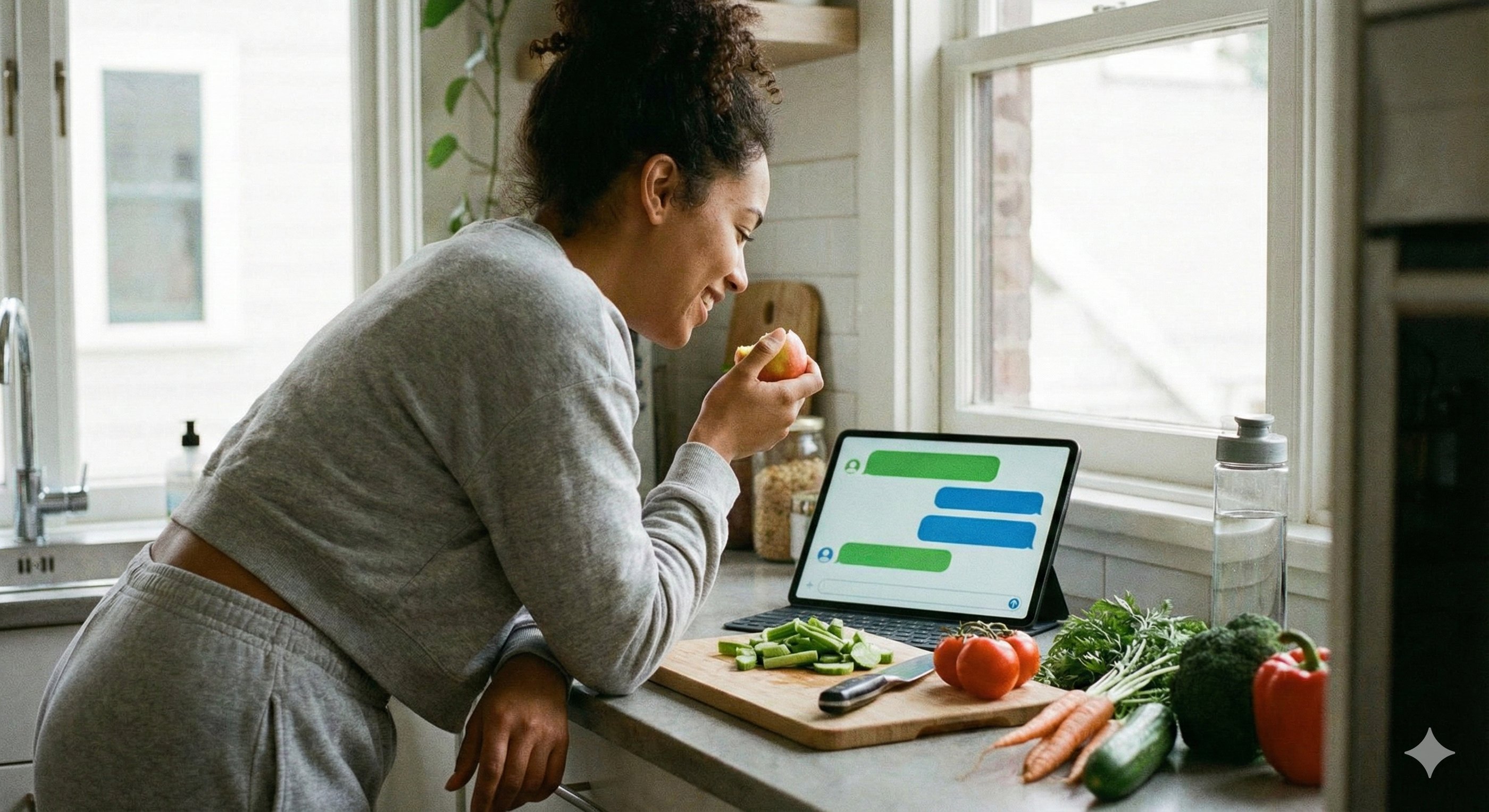 woman eating apple in modern kitchen, checking a wellness chat app or digital nutrition guide on a tablet next to vegetables.