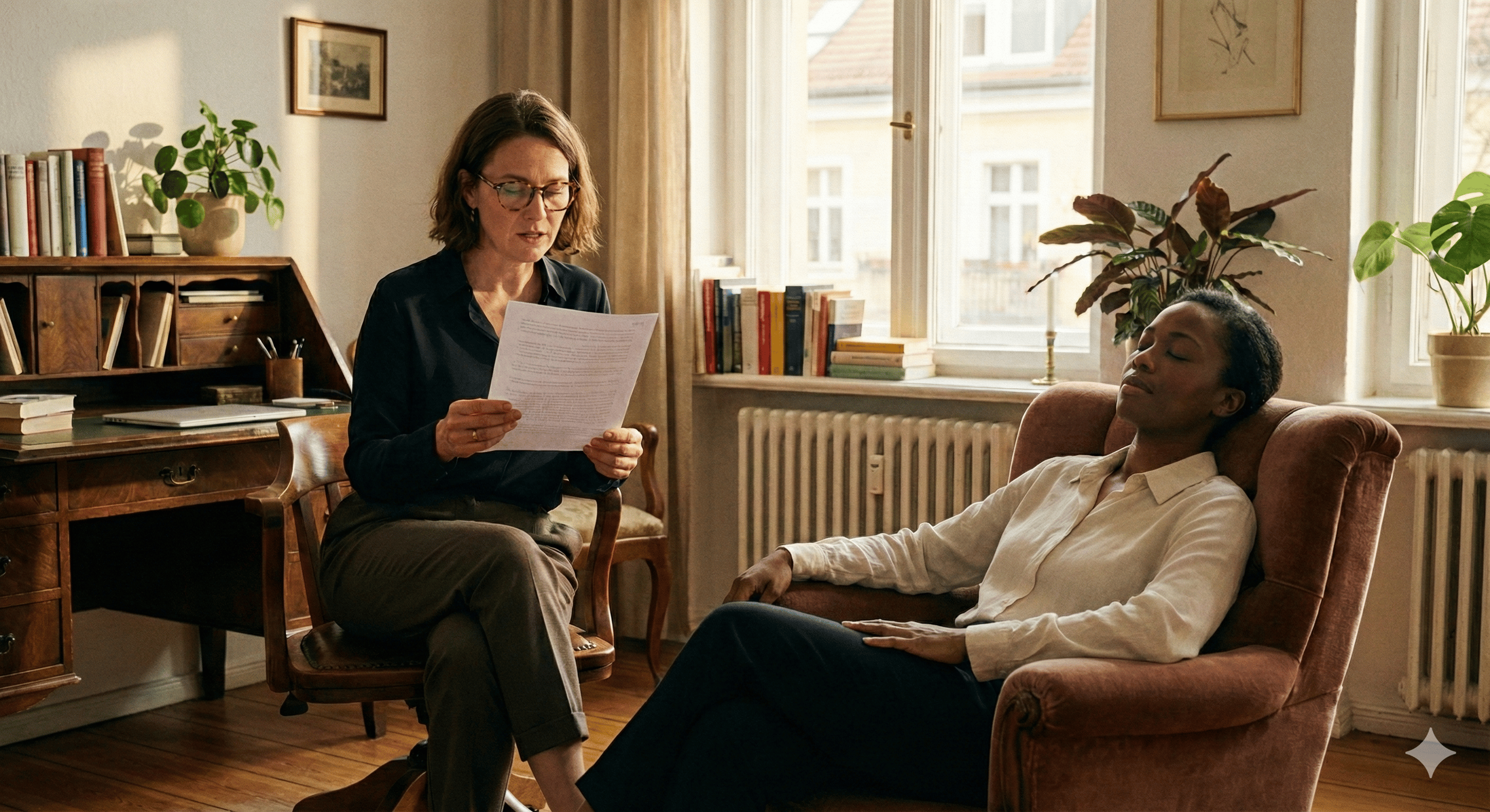 A female therapist reads notes to a relaxed patient during a professional psychotherapy session.