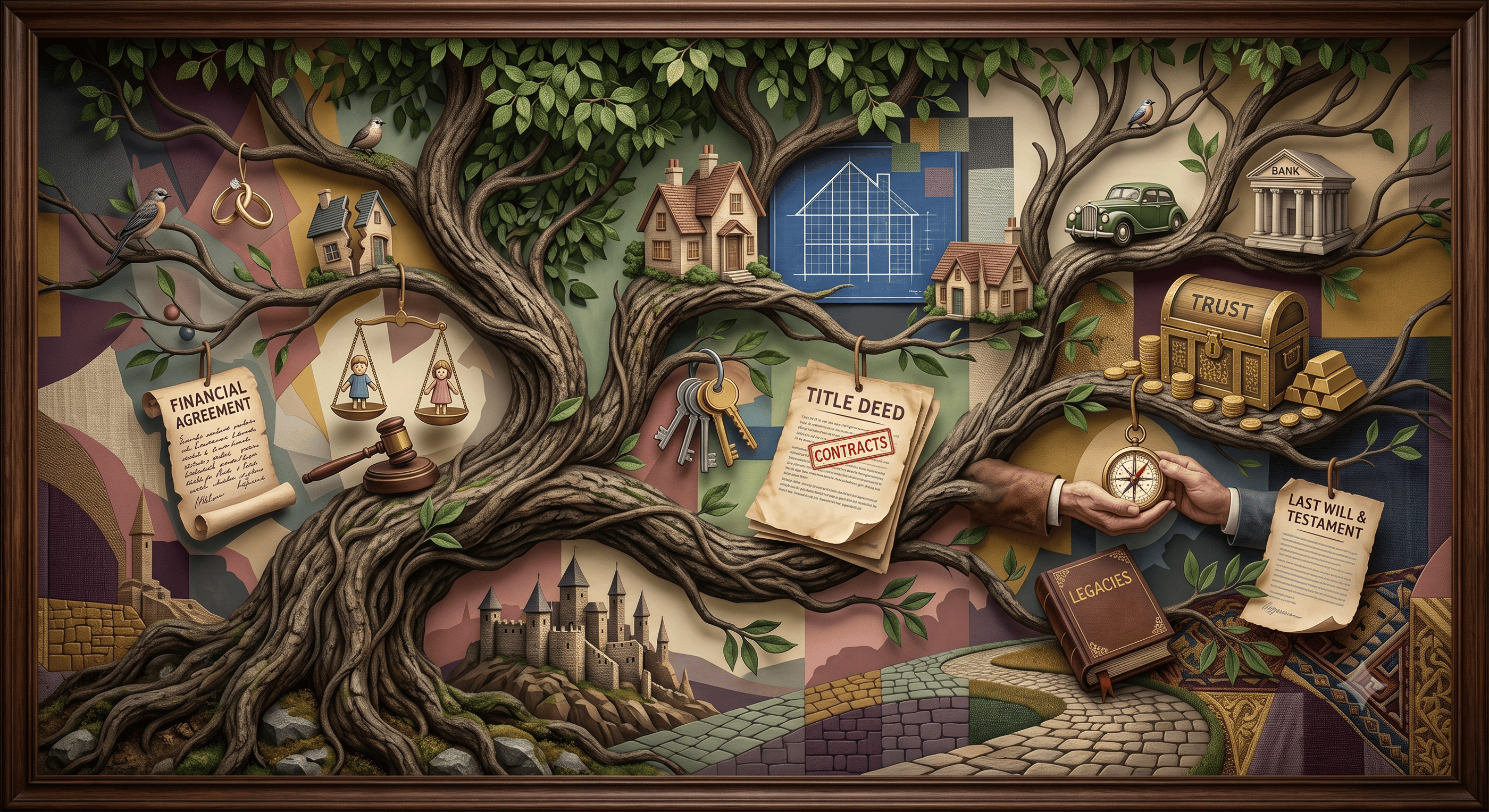 A family tree illustration representing estate planning with icons for wills, trusts, and real estate assets.
