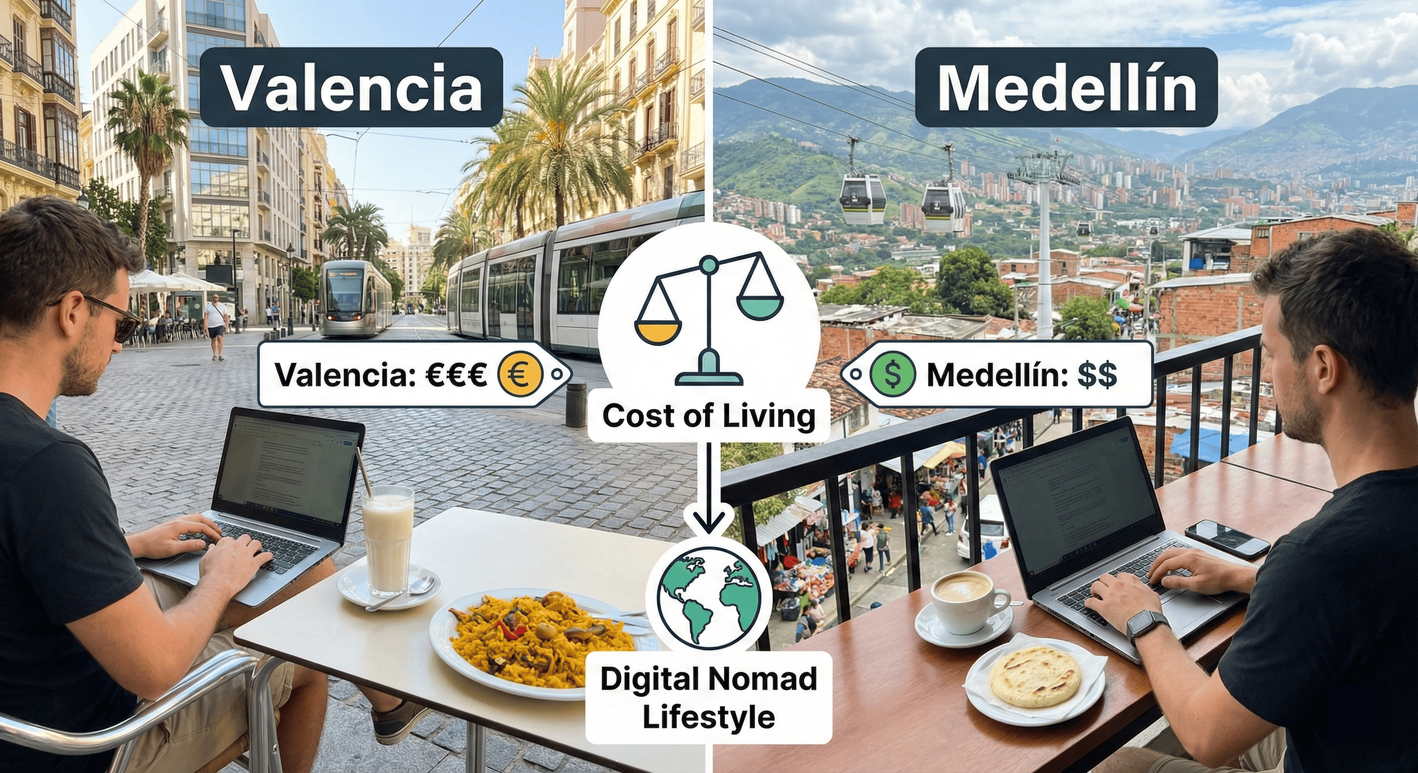 Digital nomad lifestyle comparison of cost of living between Valencia, Spain and Medellín, Colombia.