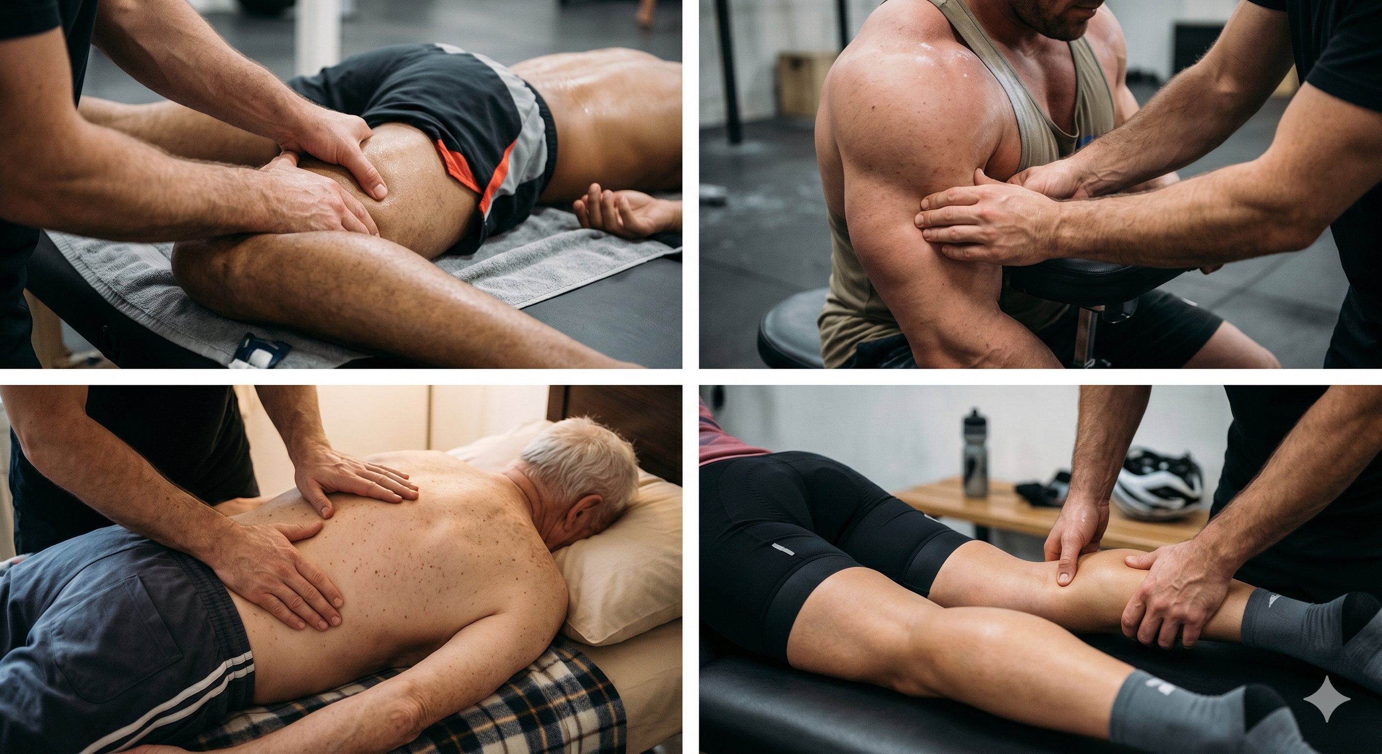 Four-panel collage showing targeted sports massage therapy treatments for active athletes.