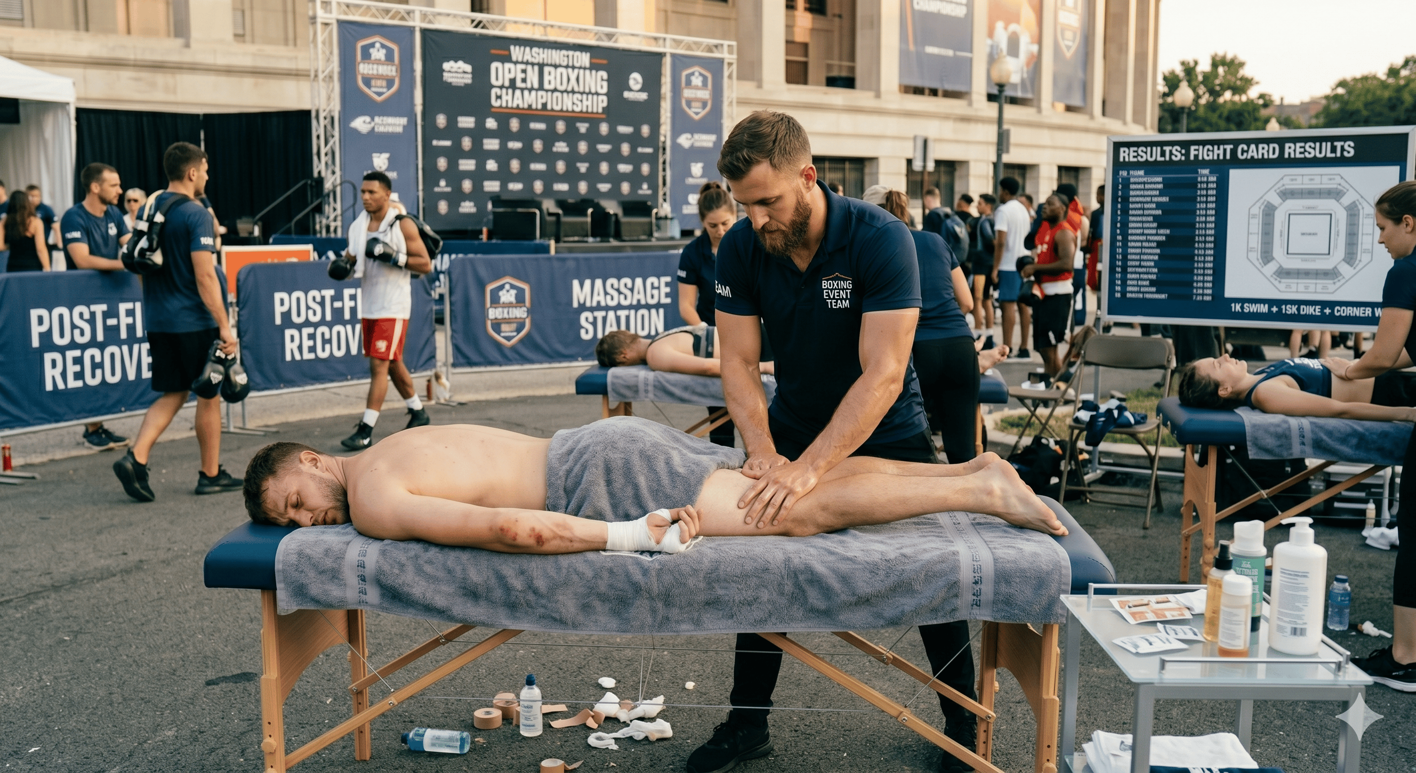 Therapist performing an outdoor post-event sports massage on an athlete's hamstring.