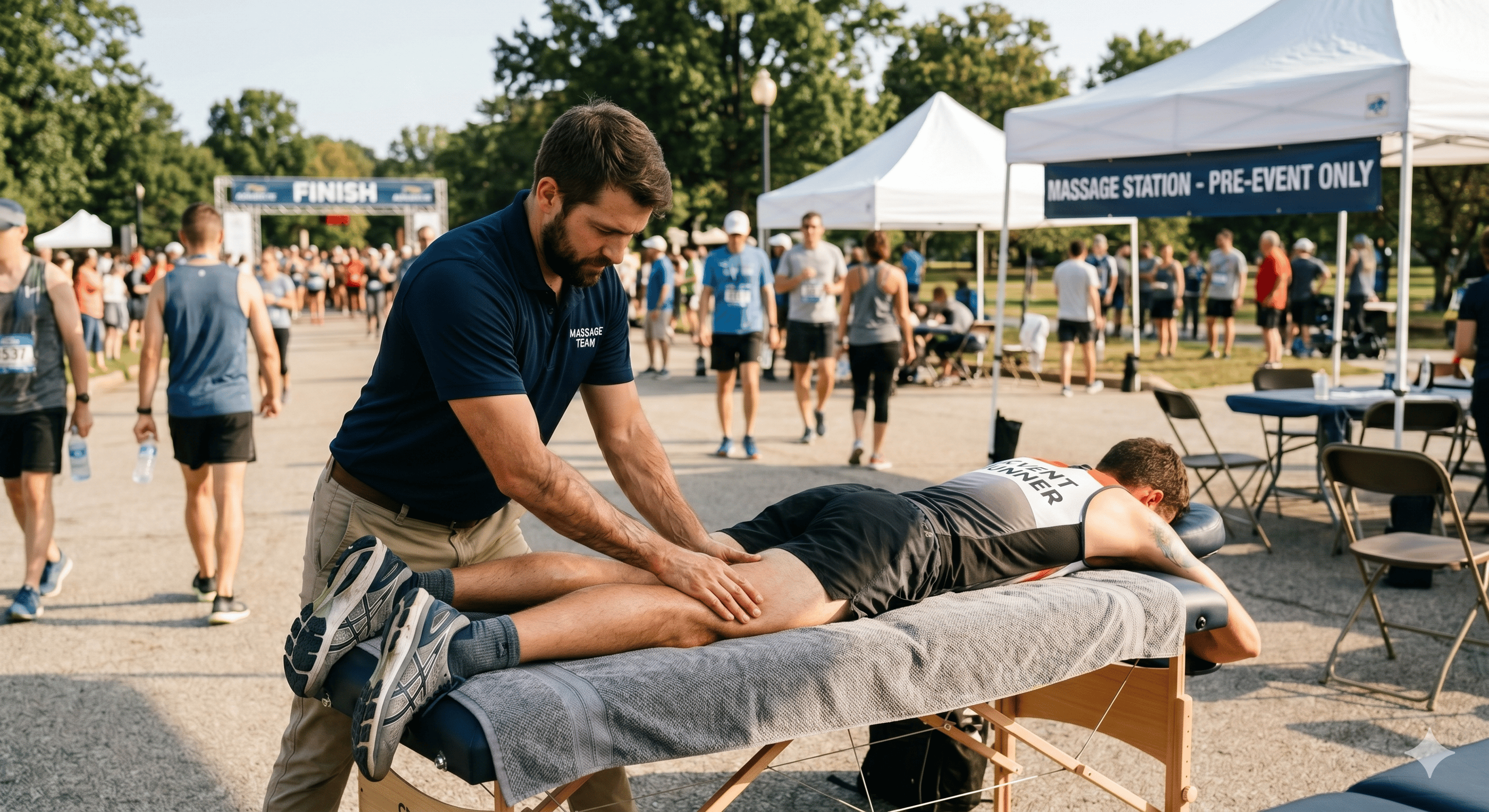 Sports therapist delivering an outdoor pre-event leg massage to a runner at a race.