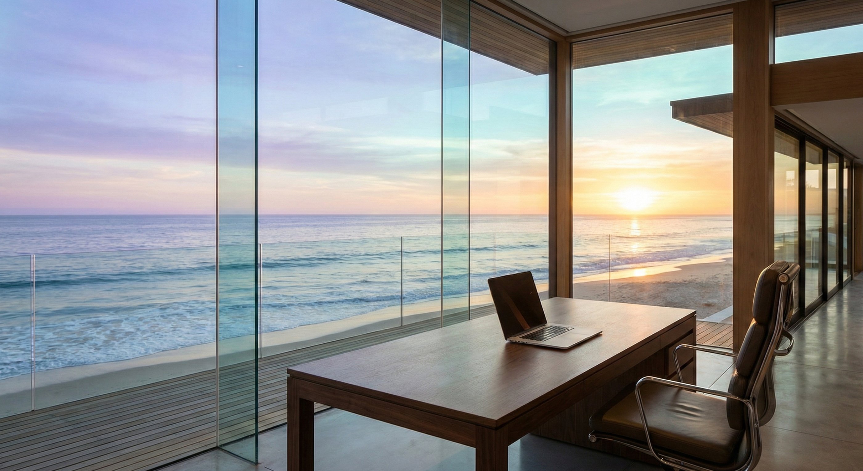 A photograph of an office desk with a laptop and empty chair overlooking a sunrise and ocean.