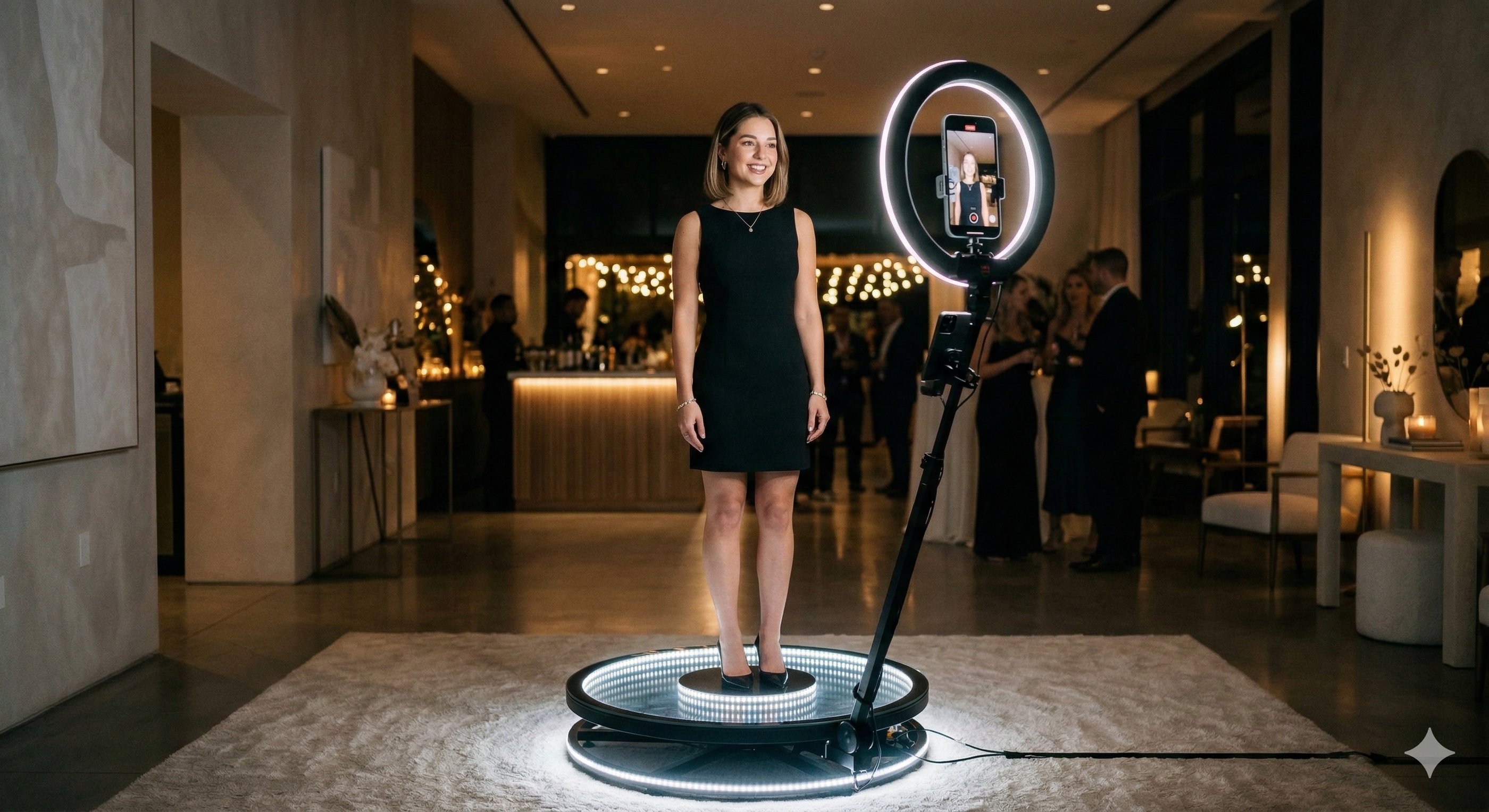 A woman stands on a 360 photo booth with a ring light and smartphone at a luxury event.