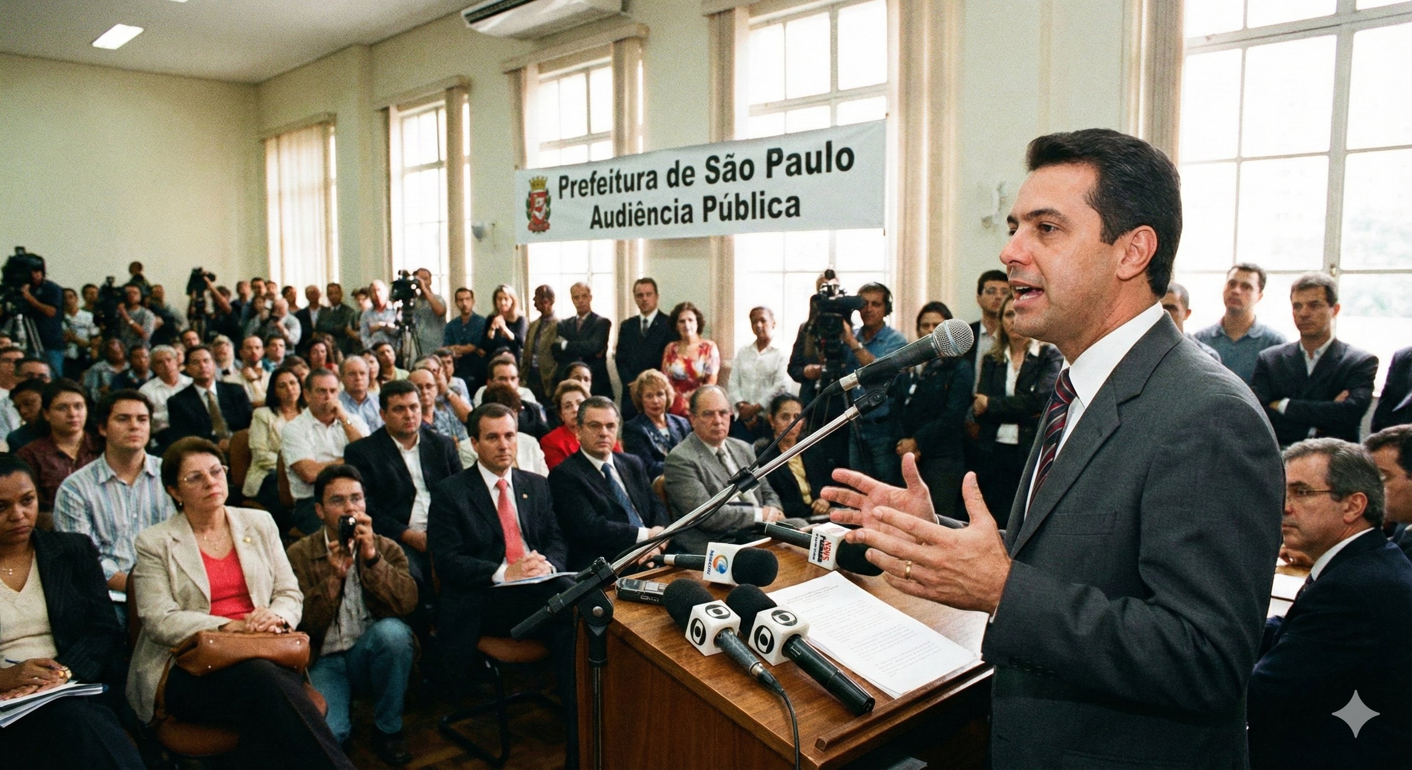Imagem de um político e gestor público, de em torno de 40 anos, dando um discurso