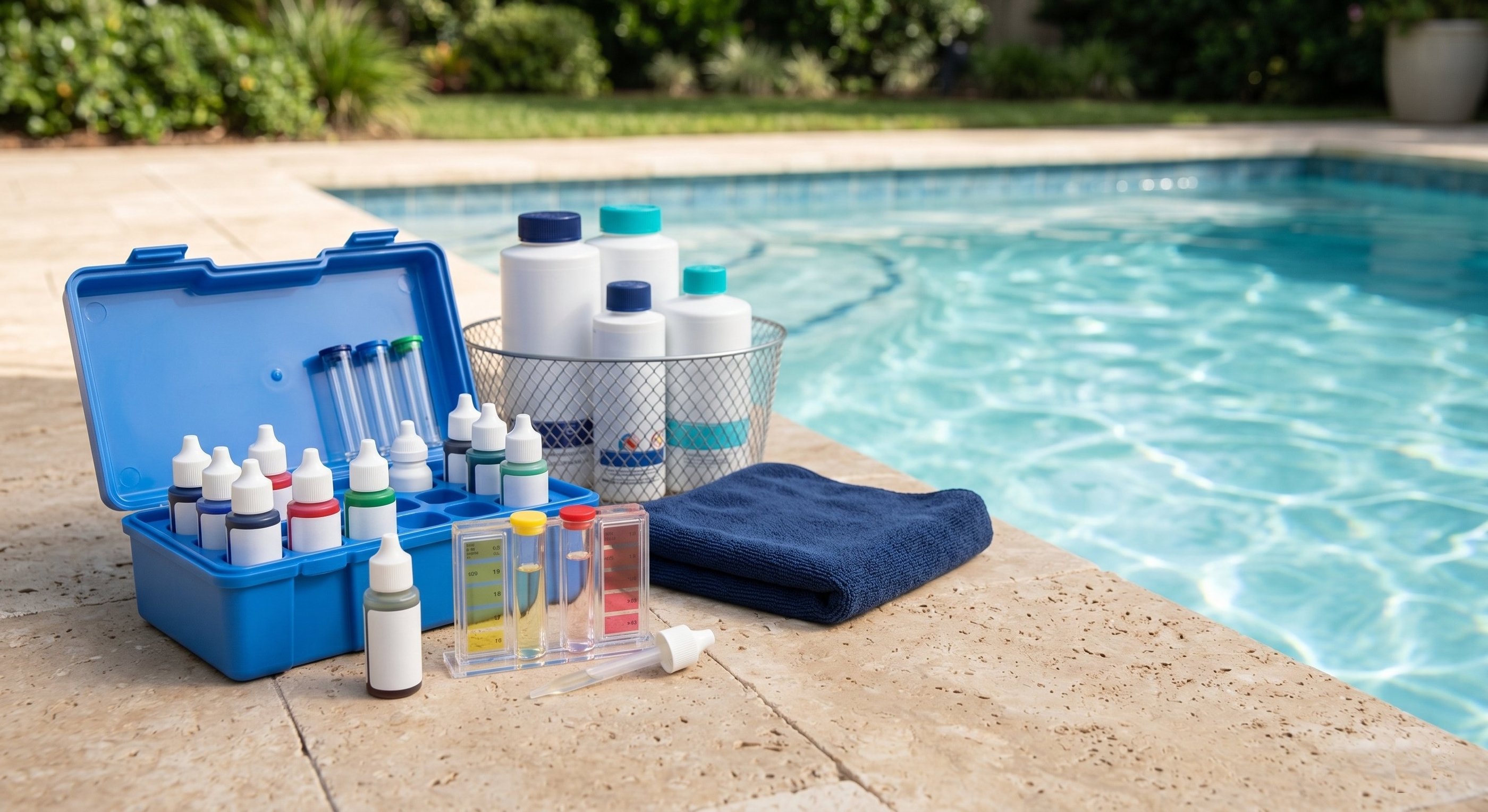 Pool water test kit and chemical supplies for weekly pool chemical balancing