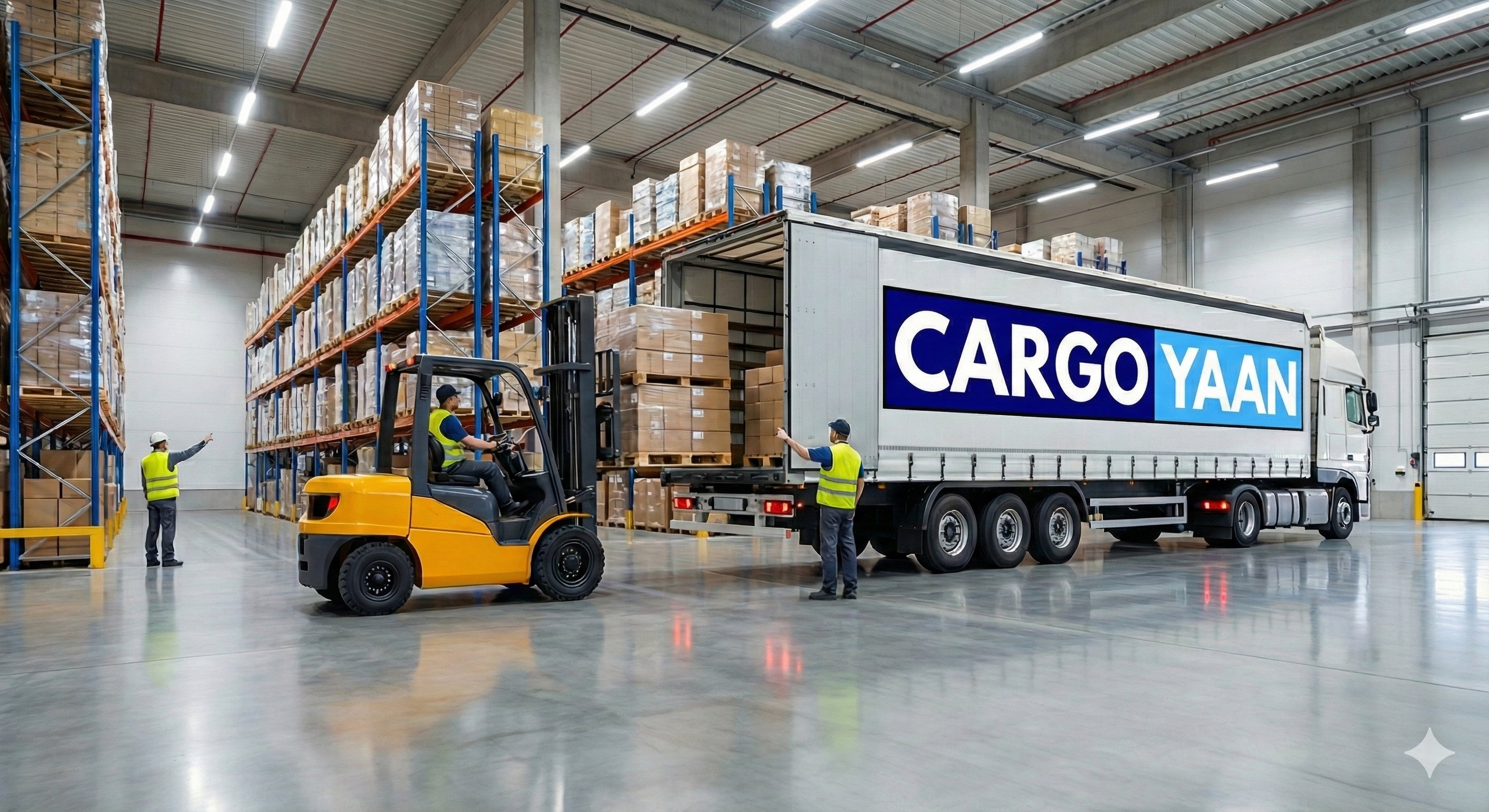 Loading commercial goods into a Cargoyaan truck for dispatch to Mumbai.