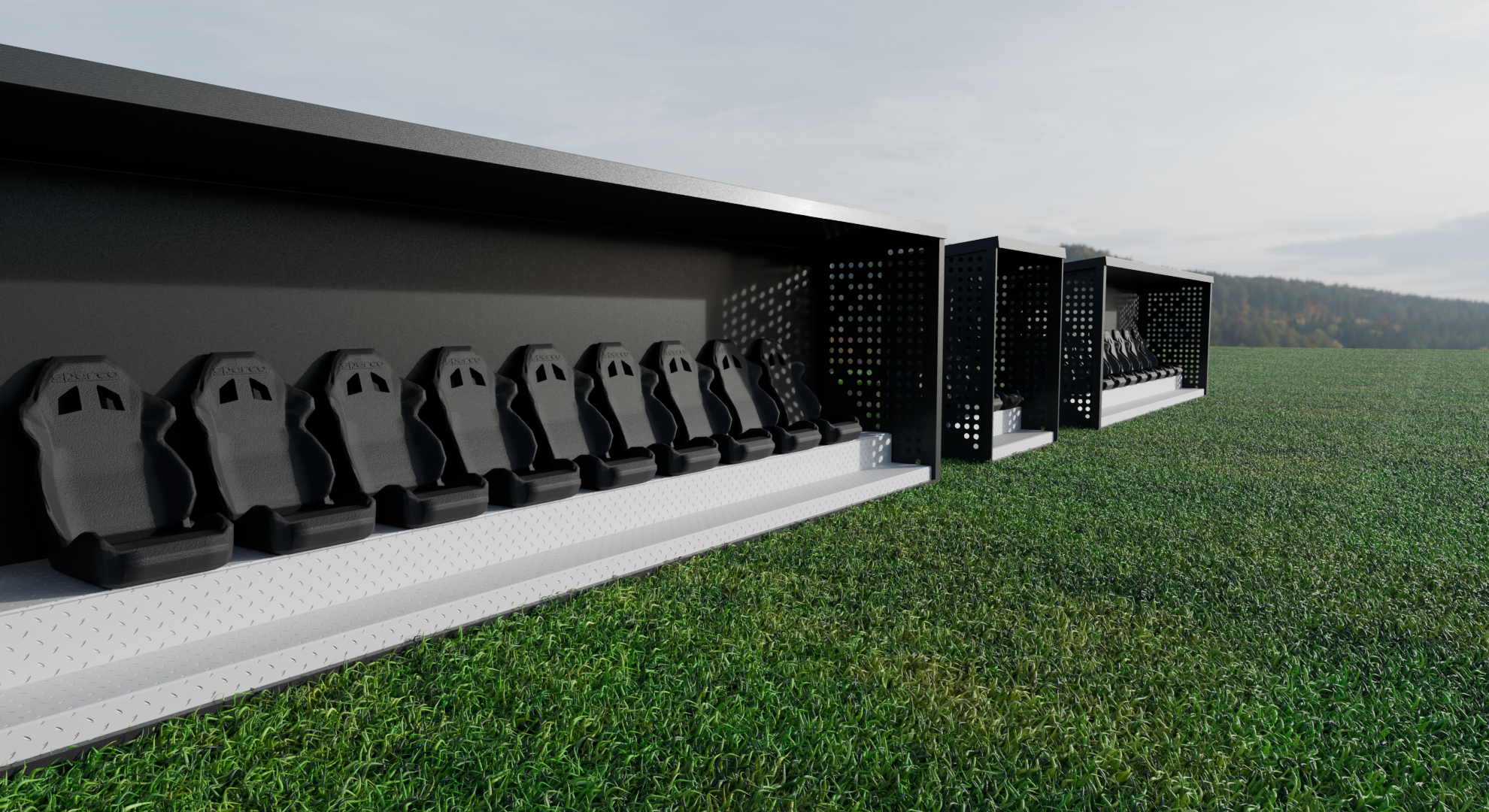 Vista lateral en perspectiva de módulo modular para eventos con graderío cubierto y escalera