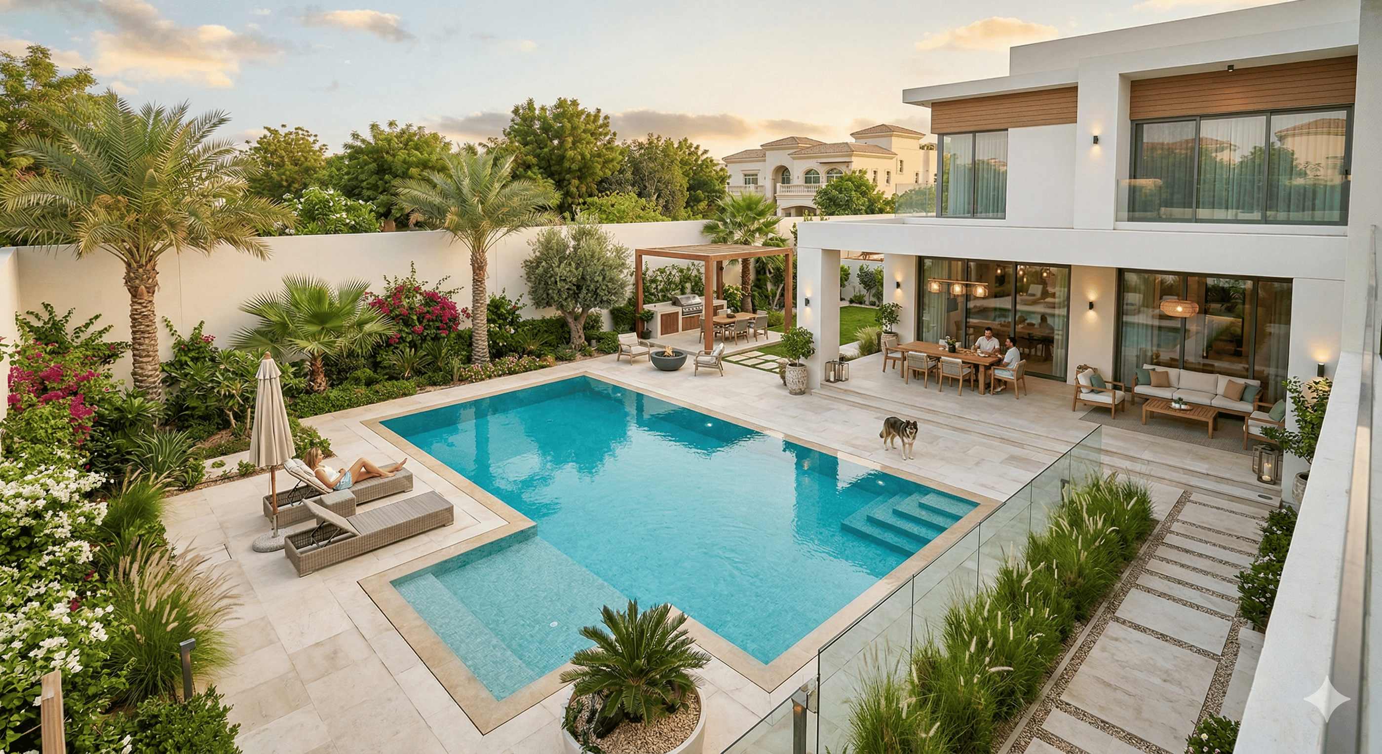 Luxury modern villa with a blue swimming pool, landscaped garden, and outdoor patio furniture.