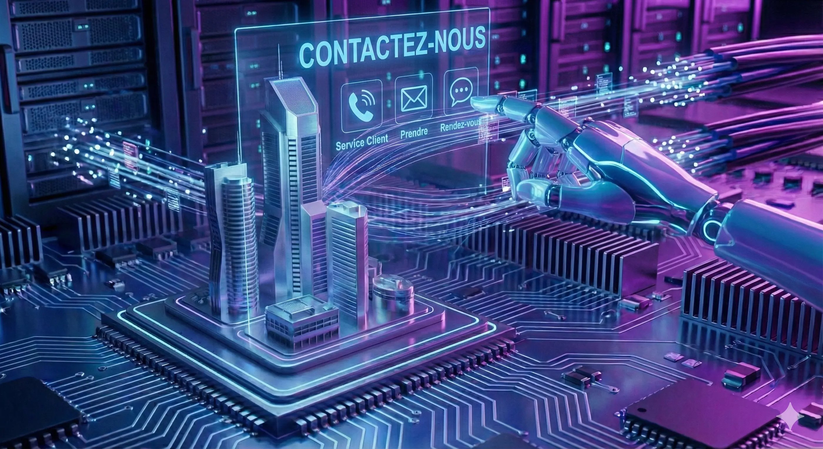 Main robotique activant une interface de contact client virtuelle sur fond de serveurs