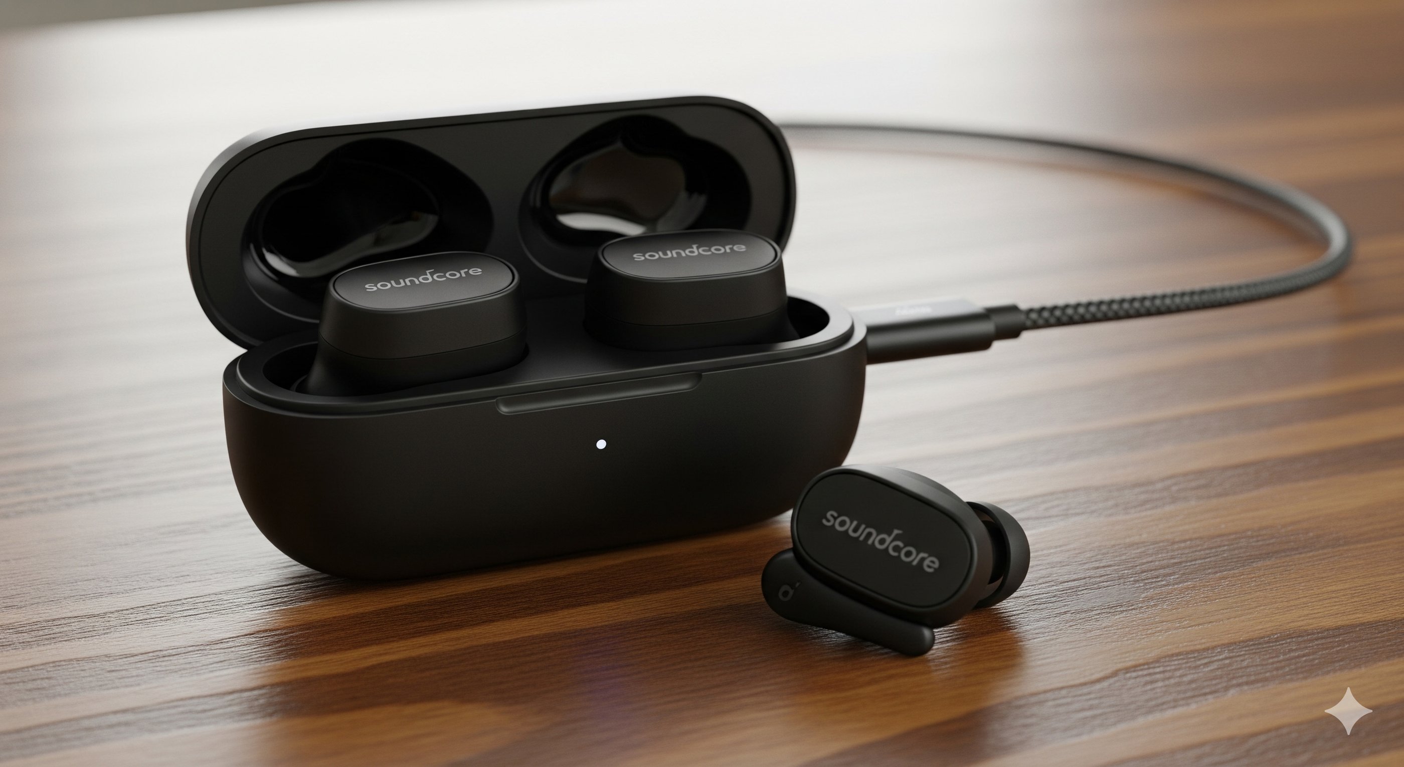 um par de fones de ouvido com um cabo de carregamento conectado a um carregador