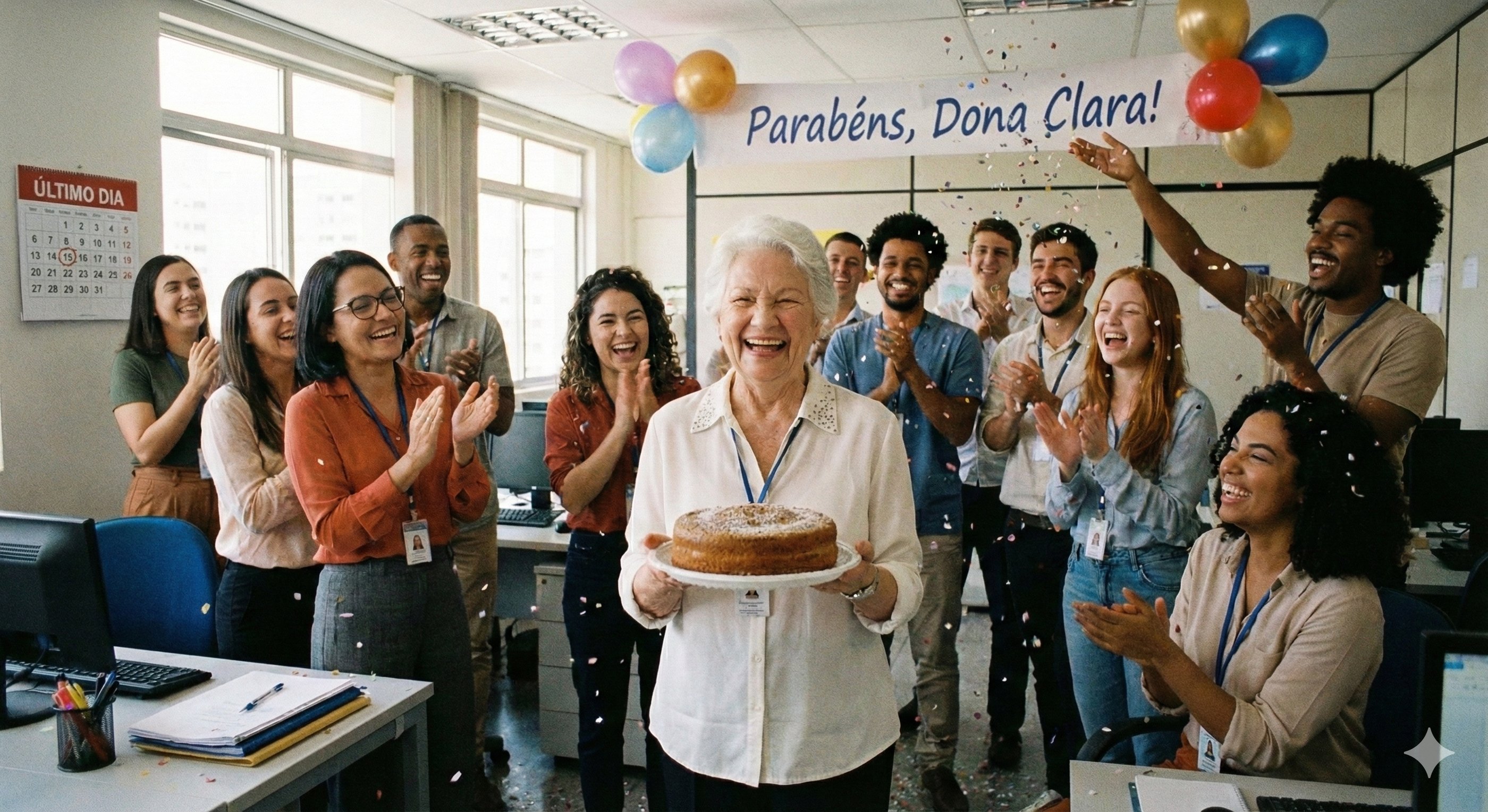 Imagem de uma servidora pública de em torno de 60 anos na festa de sua aposentadoria