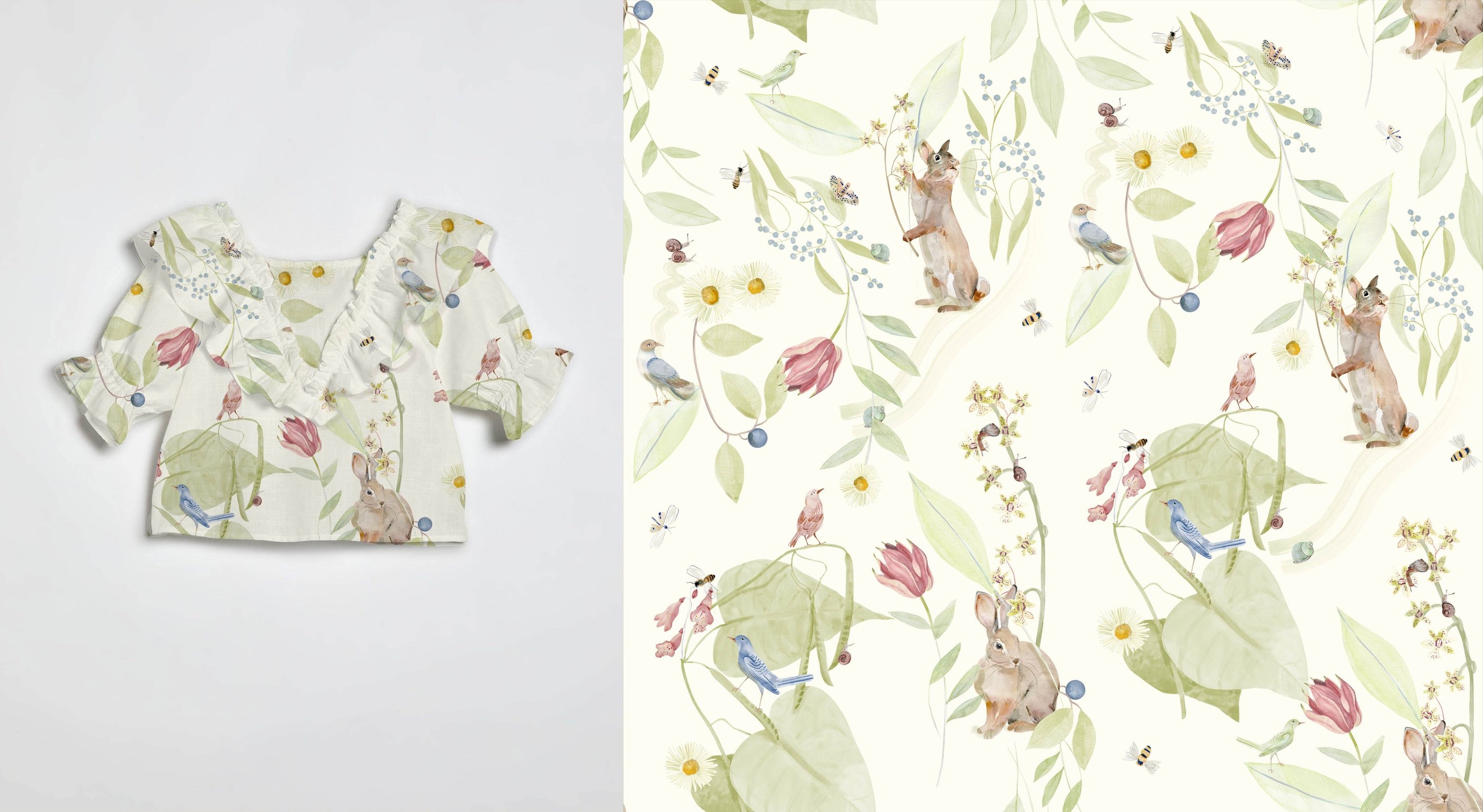 Blusa infantil de babados com estampa de jardim com coelhos, pássaros, flores, frutas, insetos, etc