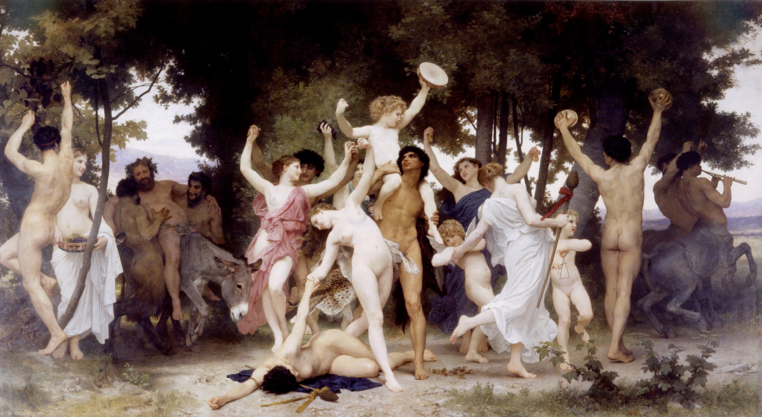 Classical oil painting The Youth of Bacchus by William-Adolphe Bouguereau depicting a mythological celebration.