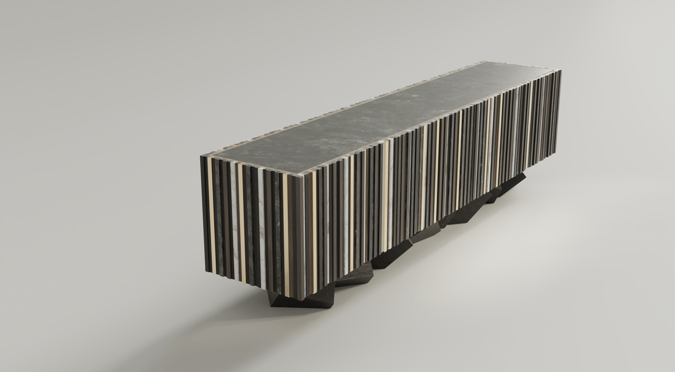 Enfilade série Pyrite en labradorite, marbre blanc, noyer, laiton poli, moabi teinté noir