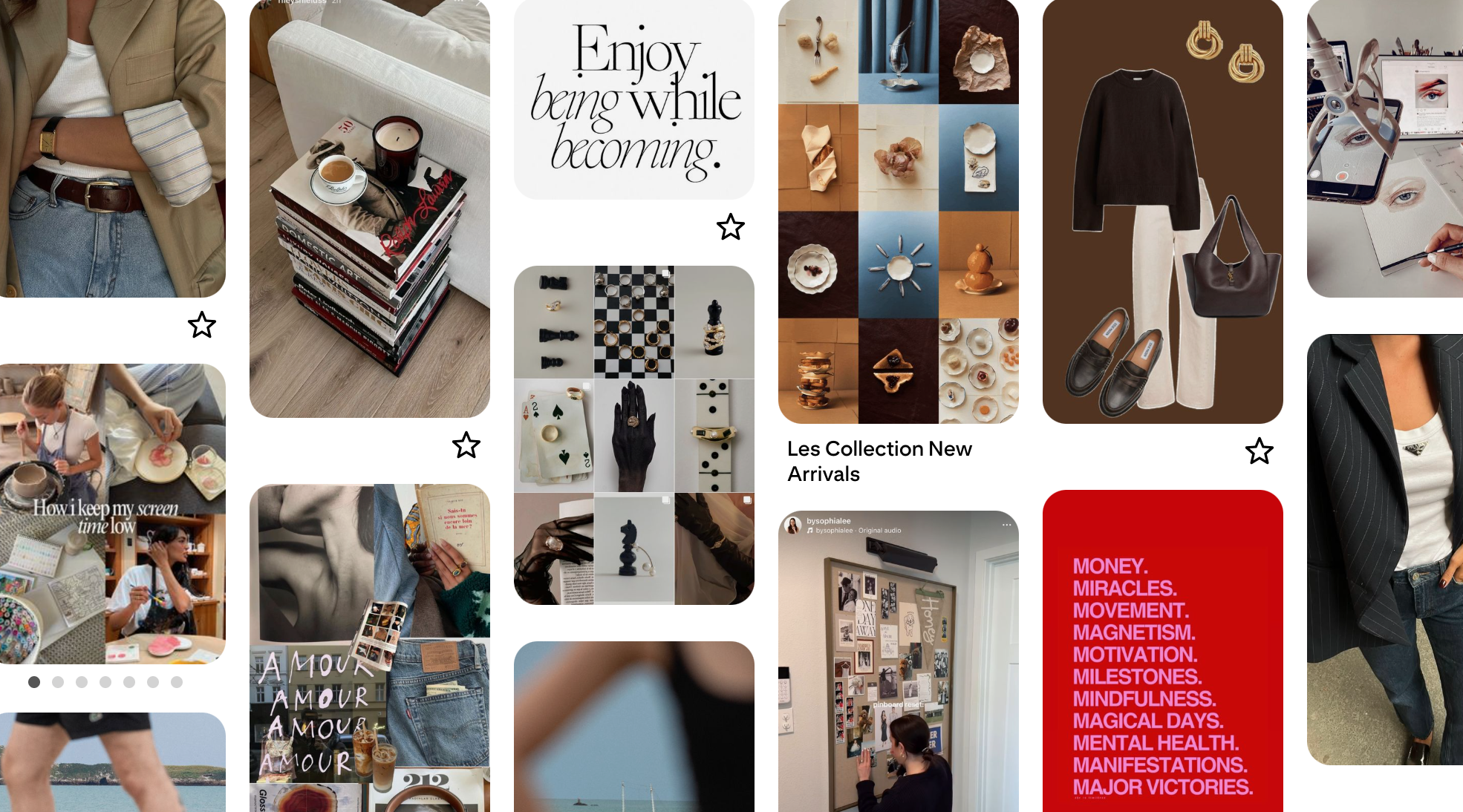 Collage of aesthetic lifestyle inspiration, fashion outfits, and interior design details