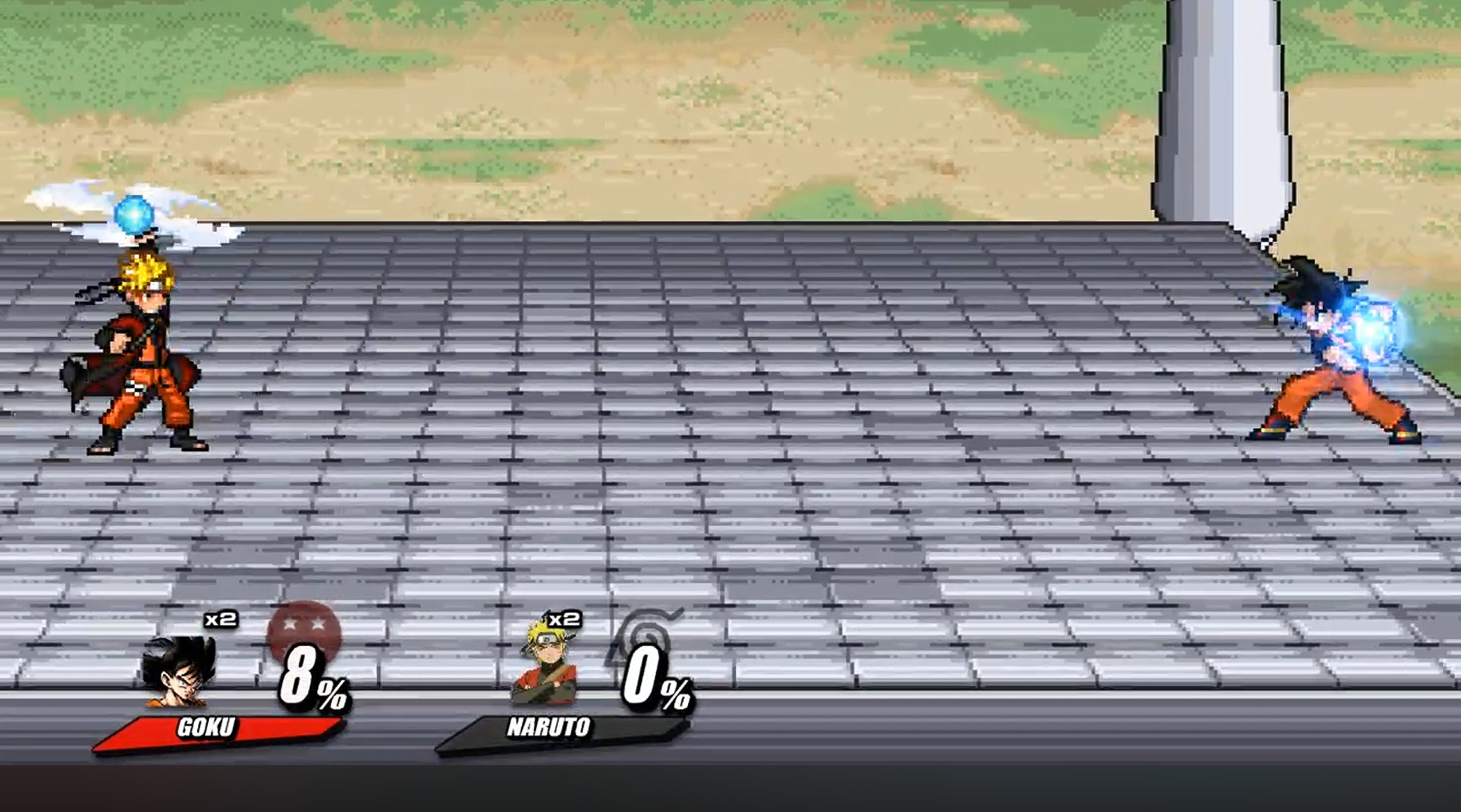 Pixel art battle between Goku and Sage Mode Naruto by Nightflare SSF2 in a 2D anime fighting arena.