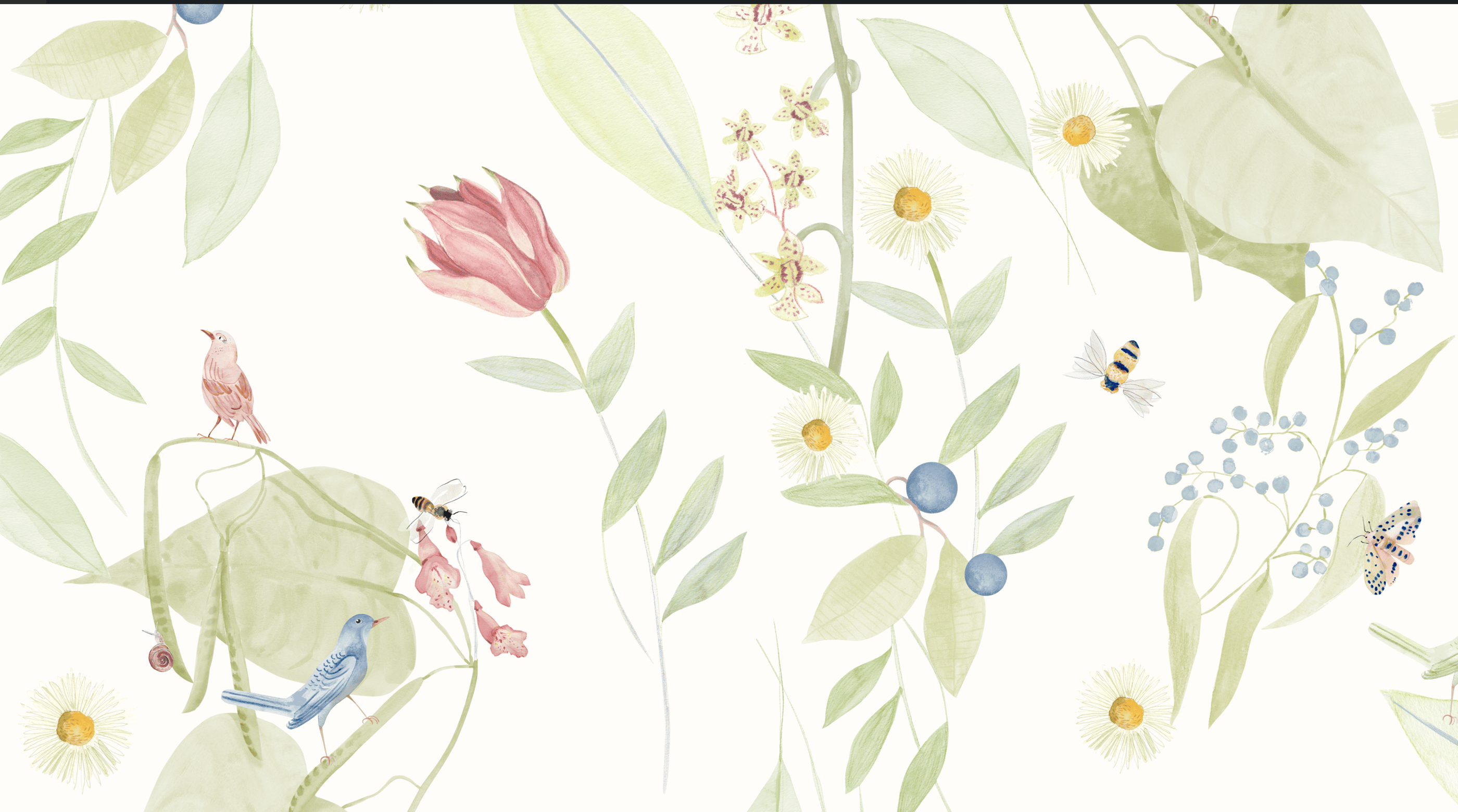 Estampa infantil, com vegetação, margaridas, orquídeas, abelhas e frutas pintadas a mão em aquarela
