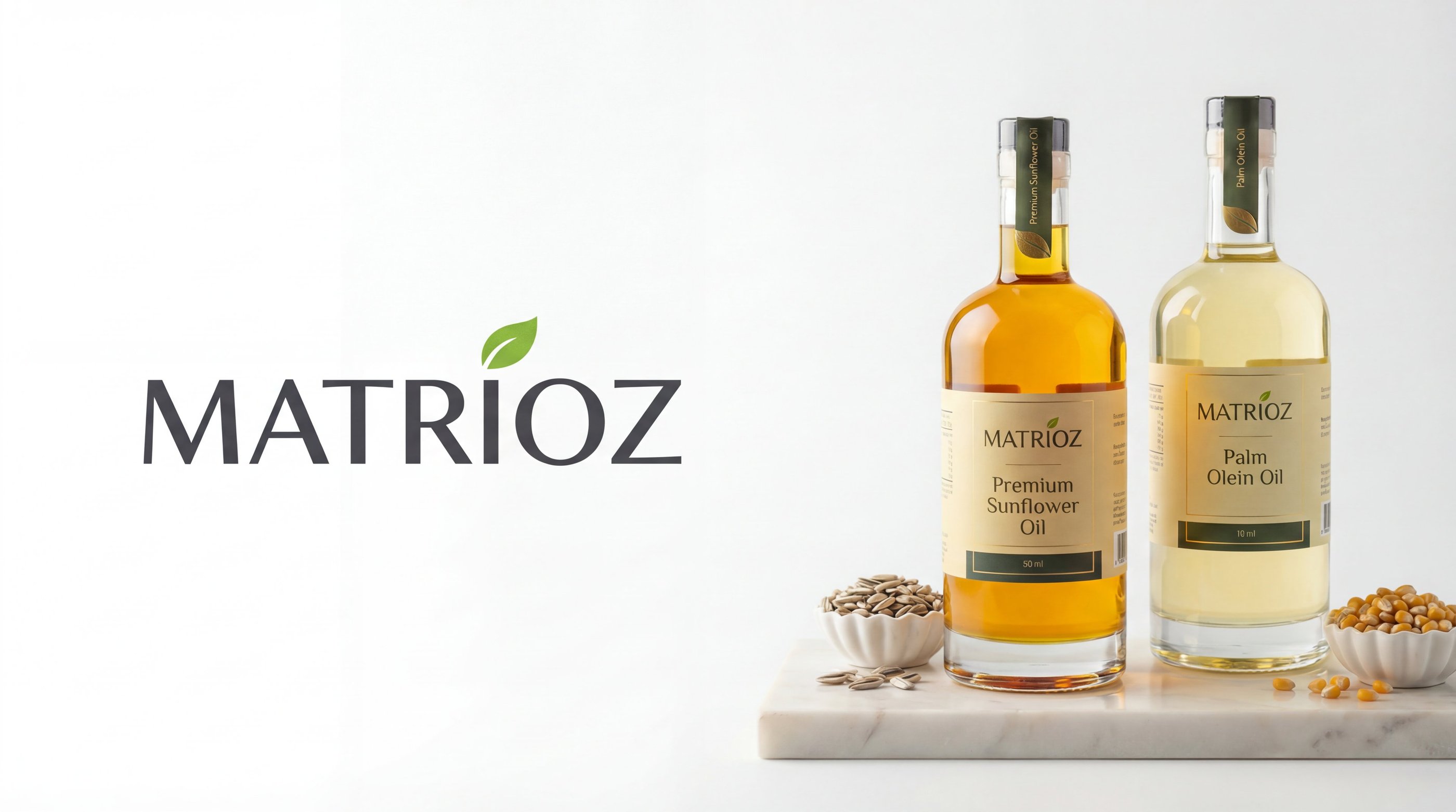 Bottles of Matrioz premium sunflower oil and palm olein oil on a marble tray with seeds.