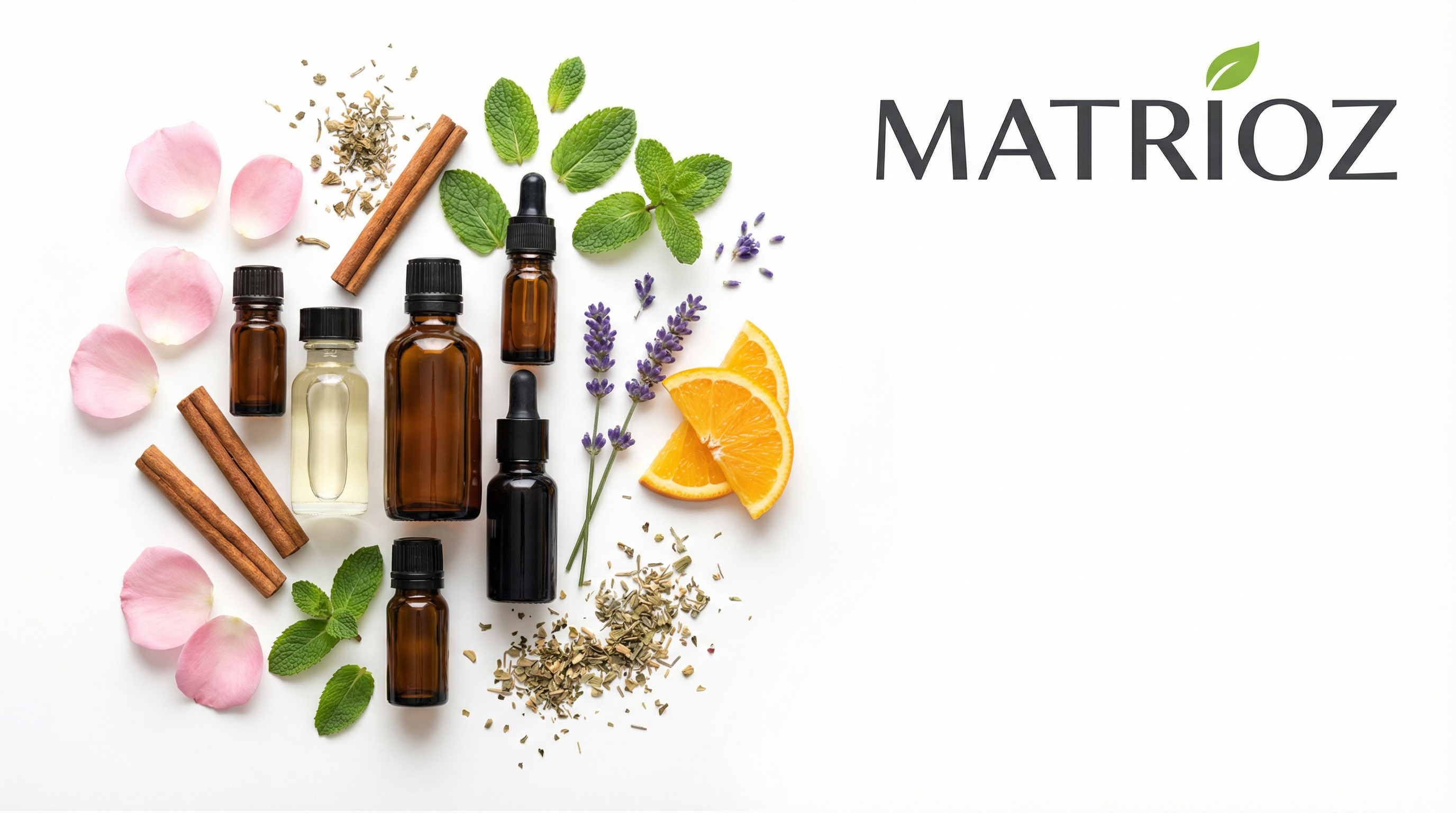 Matrioz essential oil bottles surrounded by organic lavender, mint, cinnamon, and citrus ingredients.